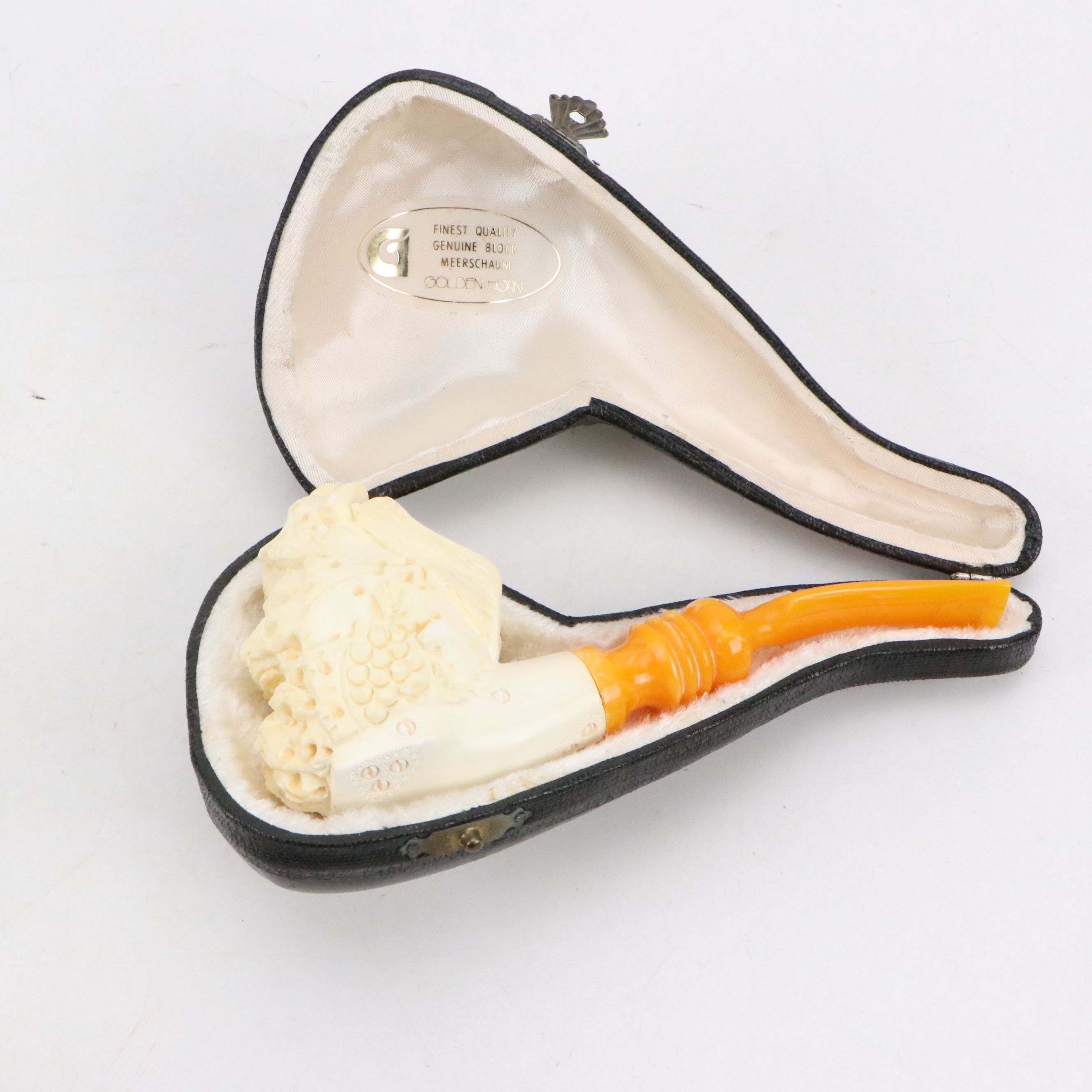 Golden Horn Meerschaum Carved Pirate, Laughing Bacchus with Other Pipes