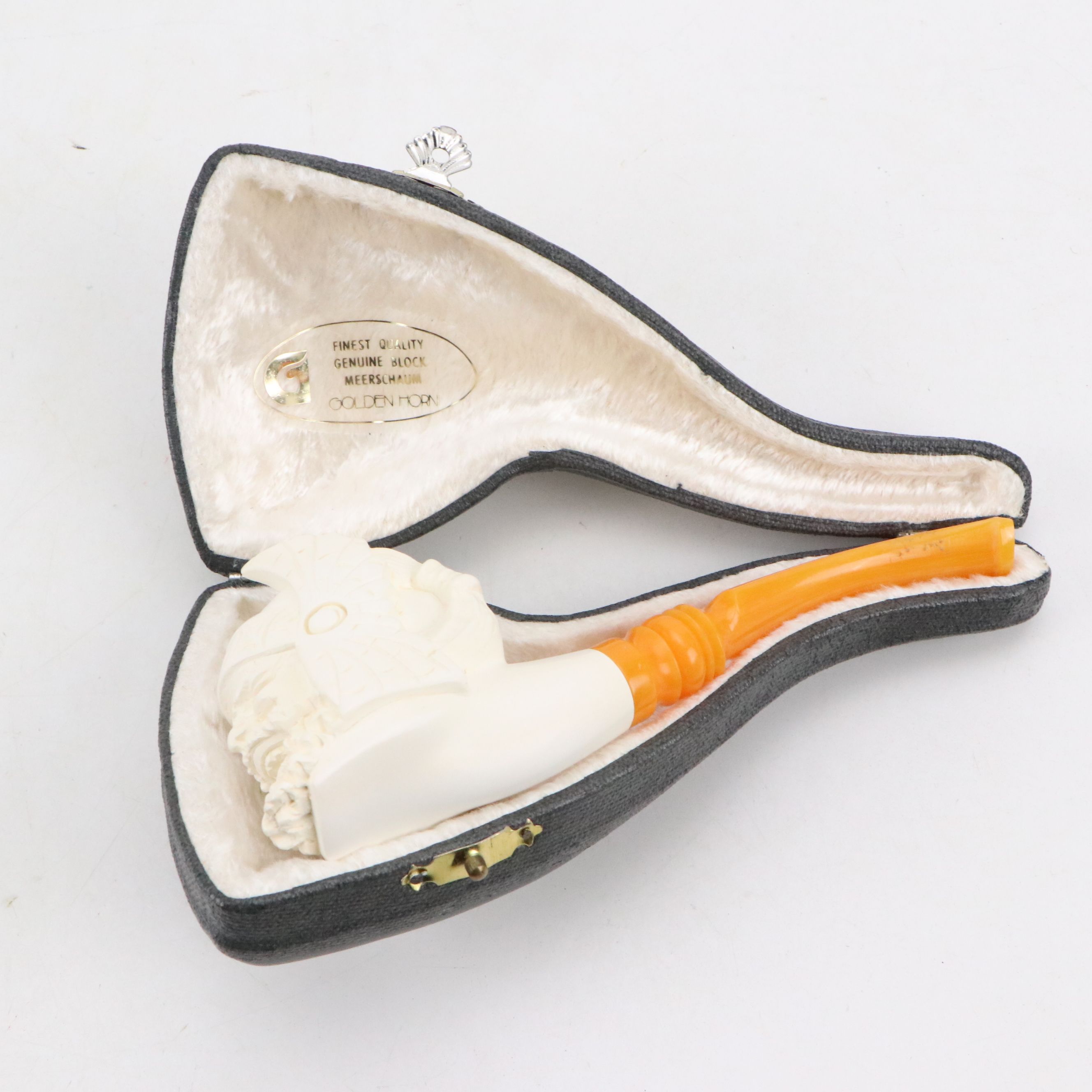 Golden Horn Meerschaum Carved Pirate, Laughing Bacchus with Other Pipes