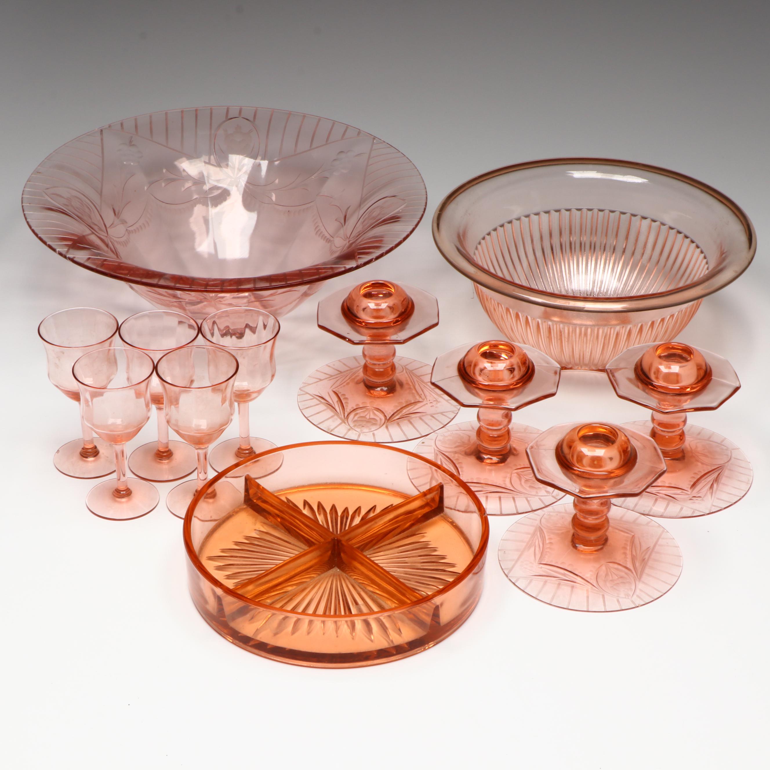 Pink Depression Glass Candlesticks and More Bowls, Divided Plate and Goblets