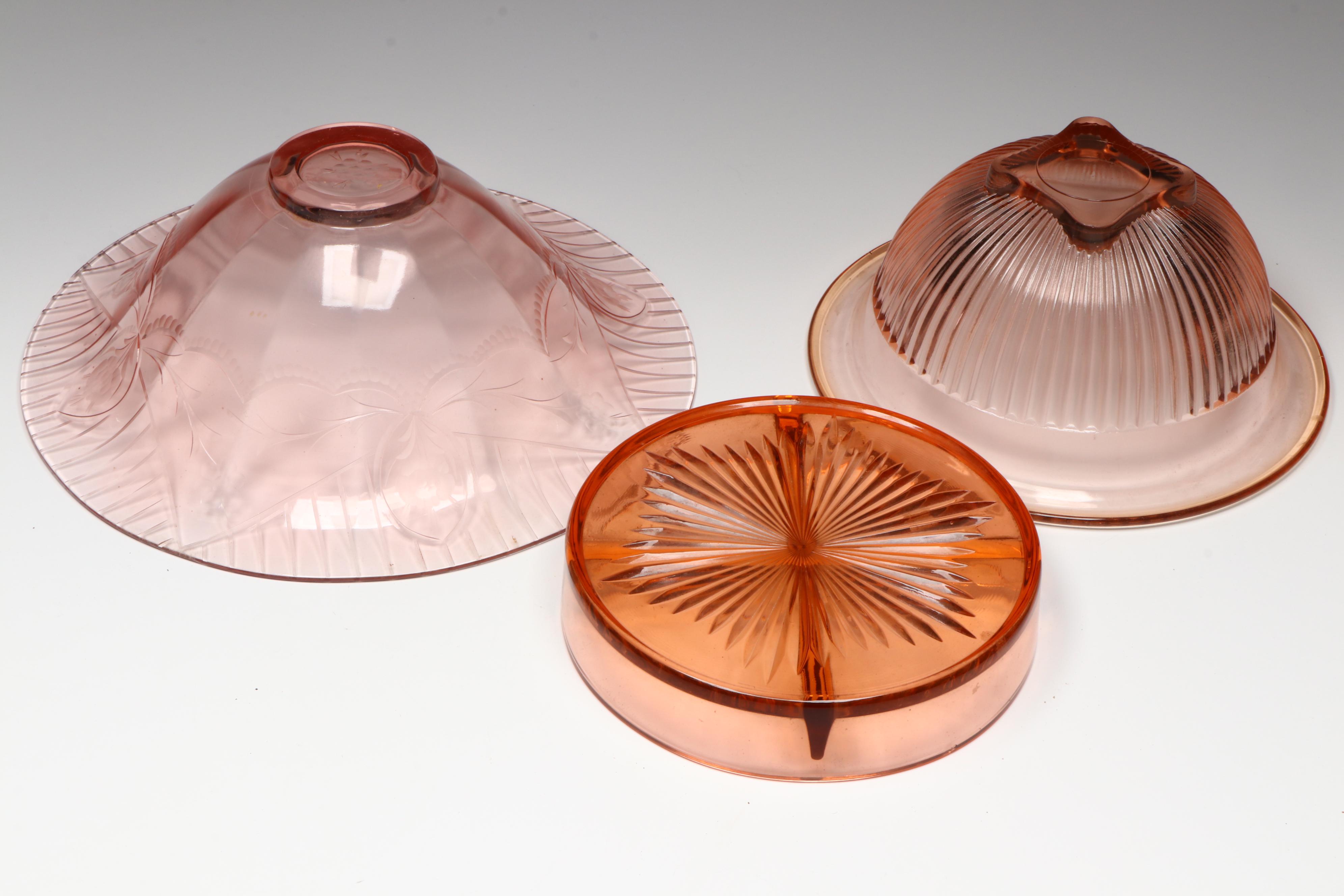 Pink Depression Glass Candlesticks and More Bowls, Divided Plate and Goblets