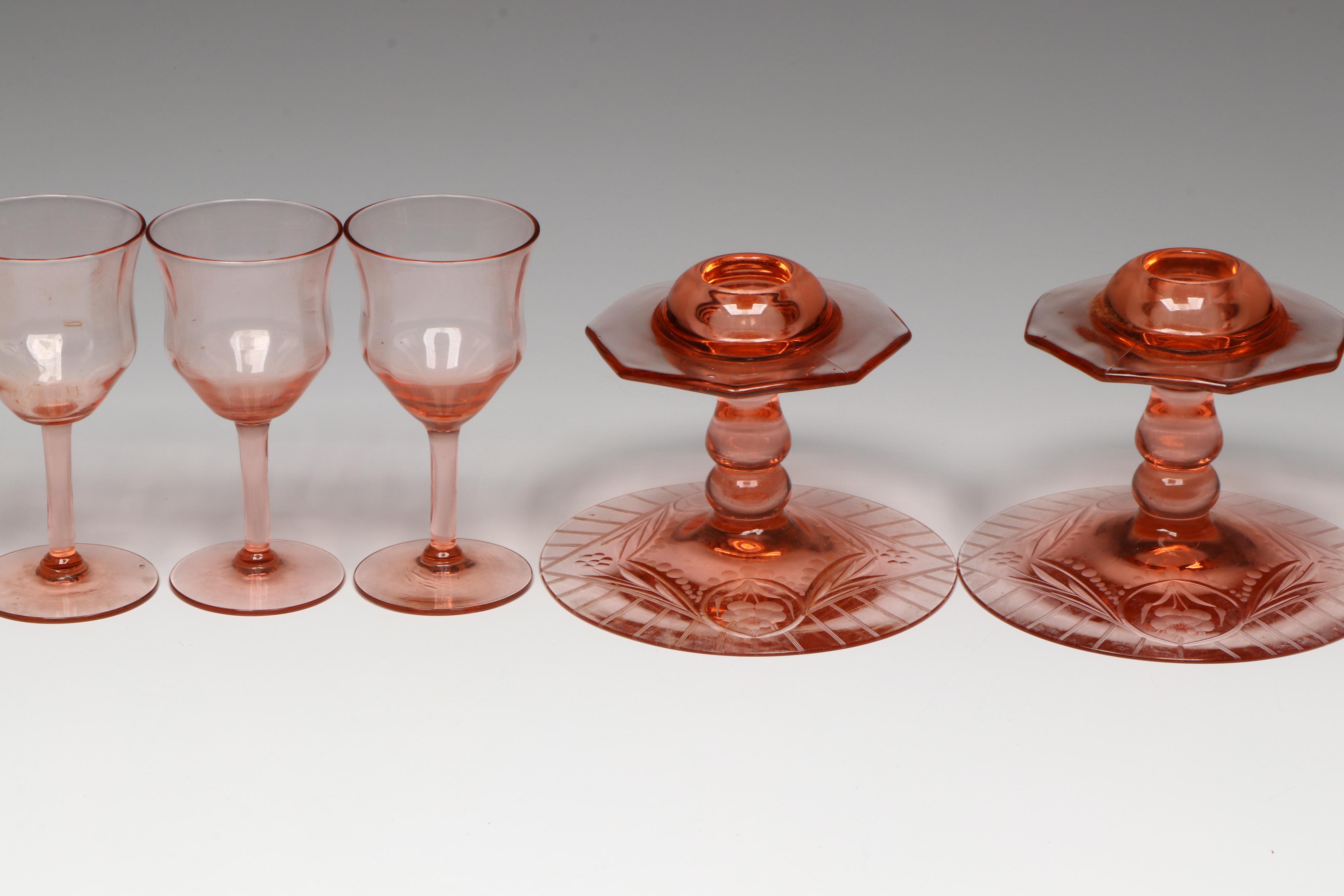Pink Depression Glass Candlesticks and More Bowls, Divided Plate and Goblets