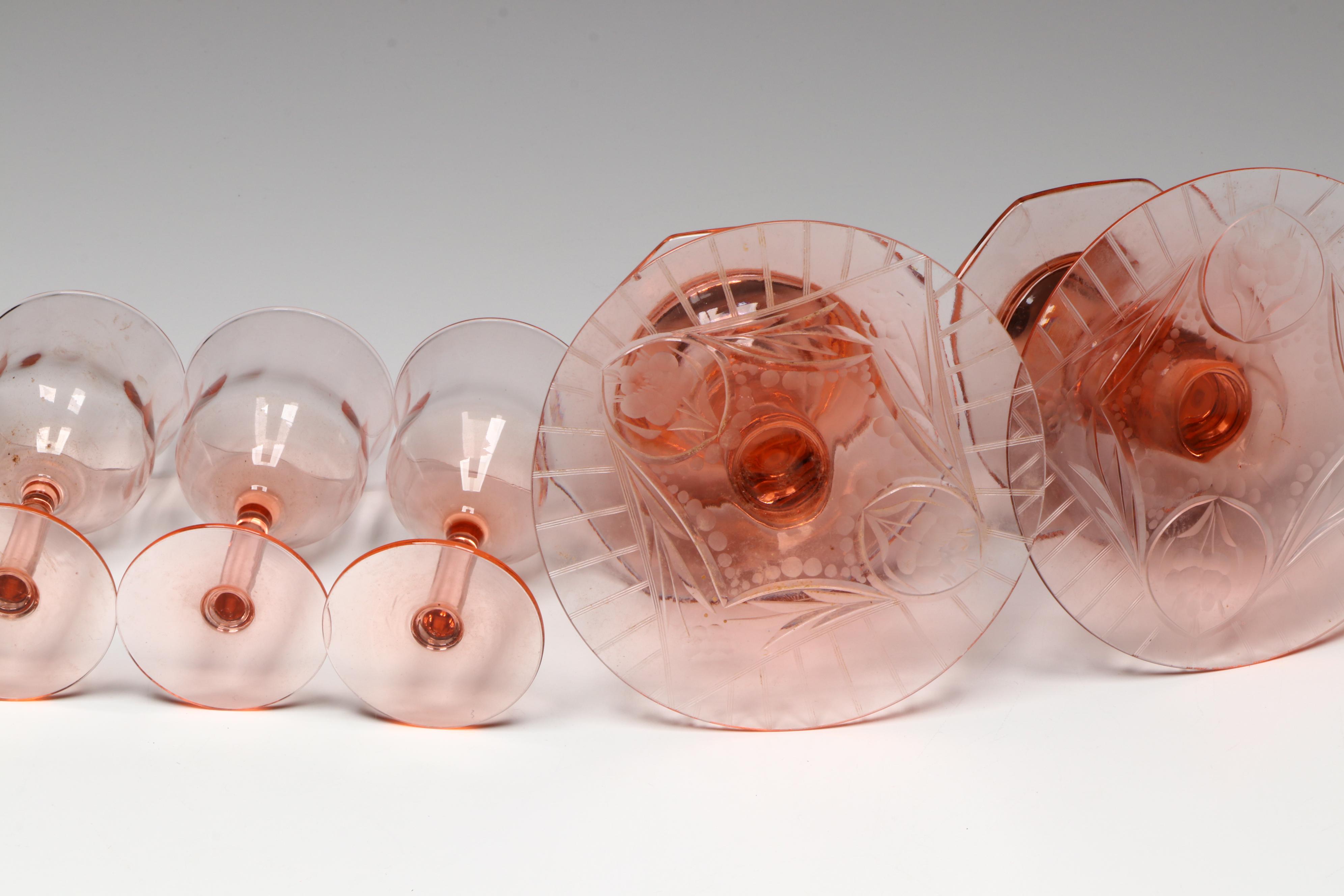 Pink Depression Glass Candlesticks and More Bowls, Divided Plate and Goblets