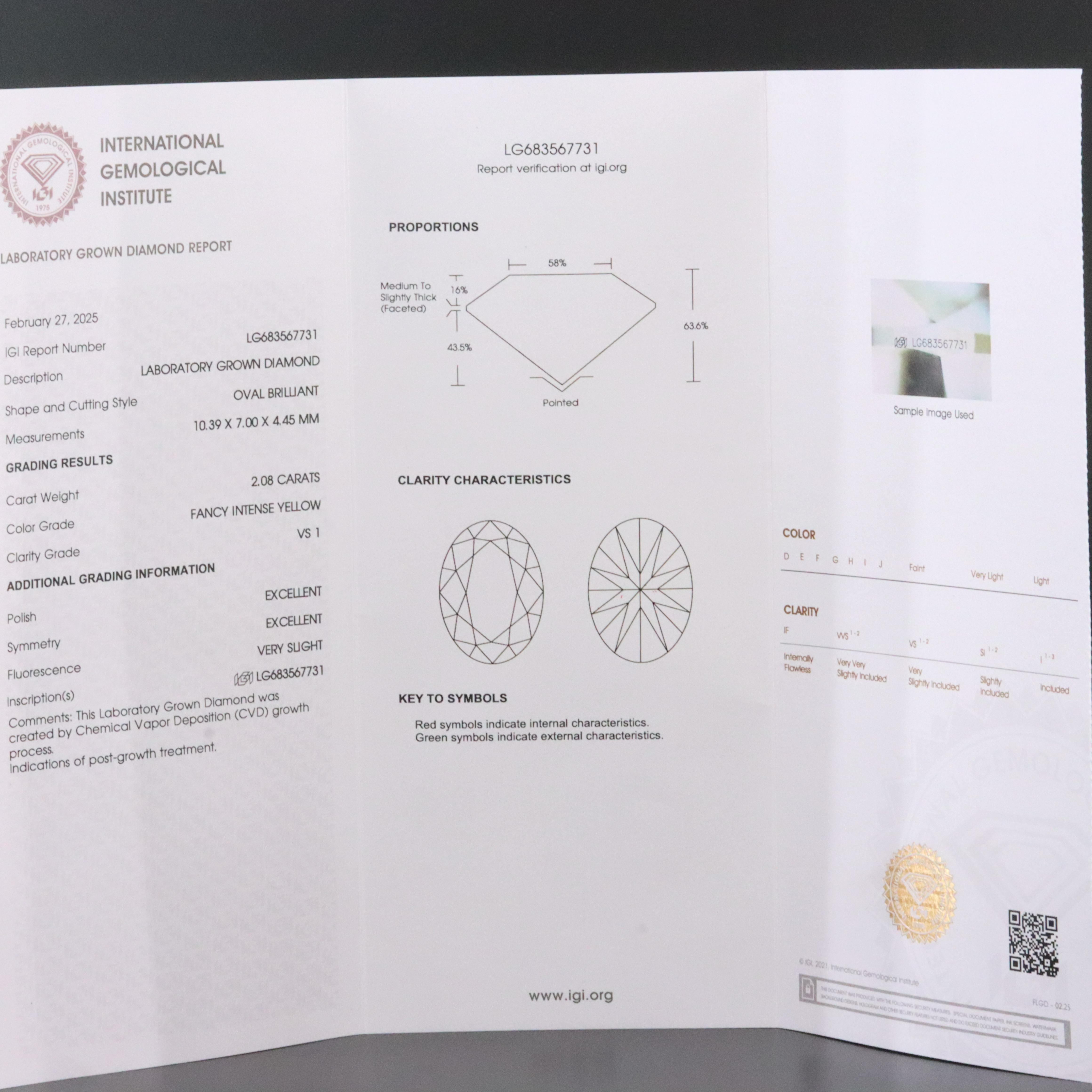 Loose 2.08 CT Lab Grown Fancy Yellow Diamond with IGI Report
