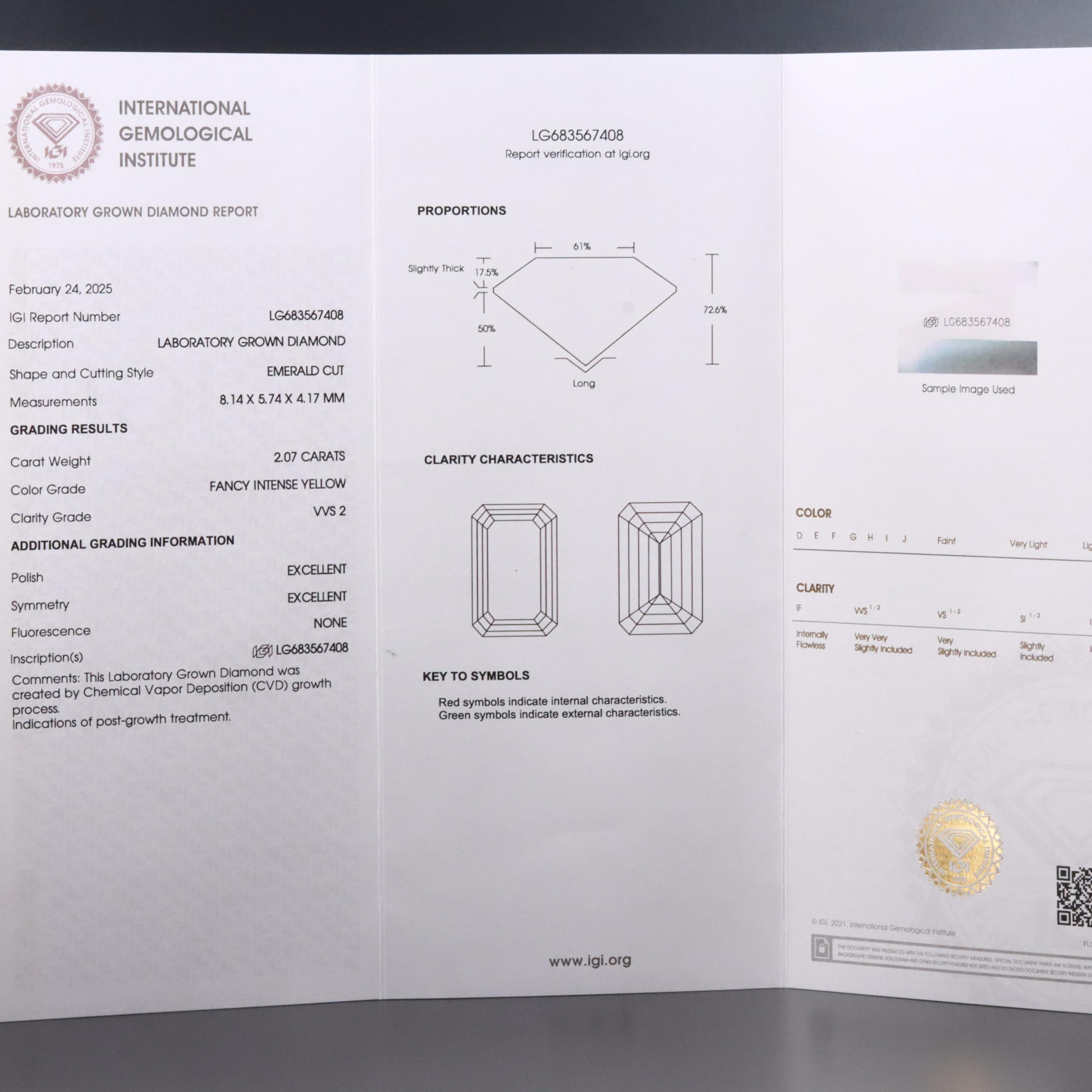 Loose 2.07 CT Lab Grown Fancy Yellow Diamond with IGI Report