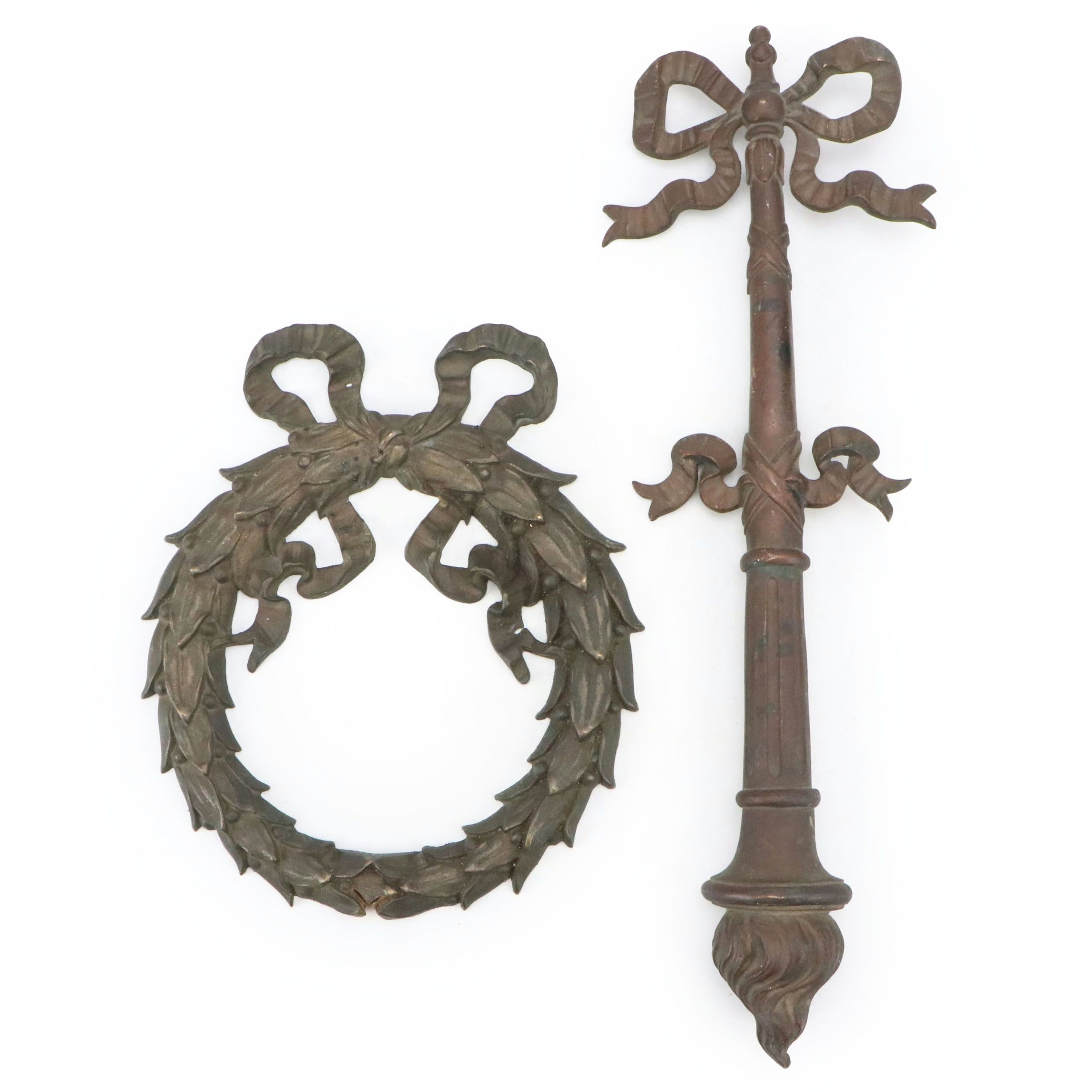 Federal Revival Style Cast Metal Wreath and Torch Wall Plaques