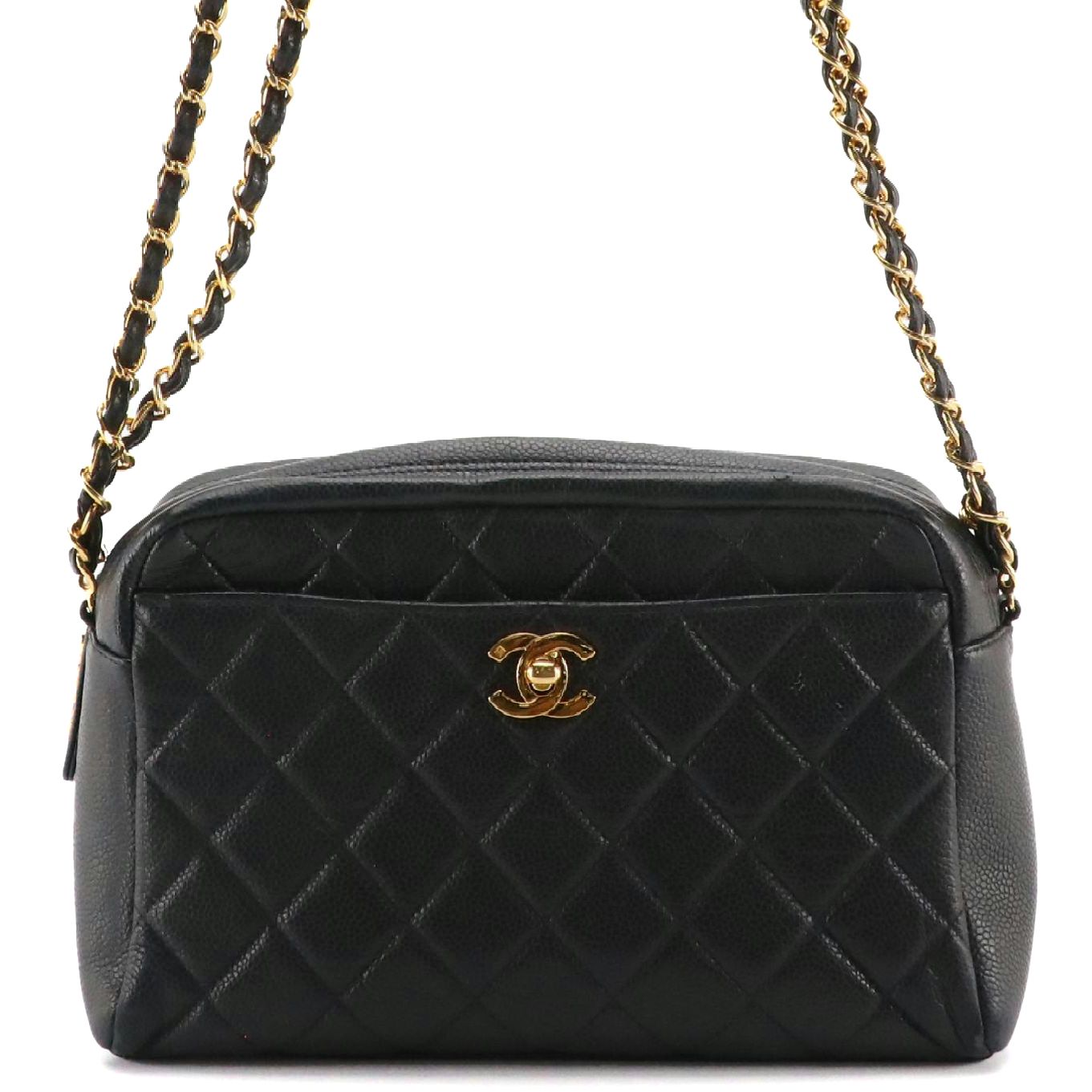 Chanel CC Double Chain Camera Bag in Quilted Caviar Leather with Box