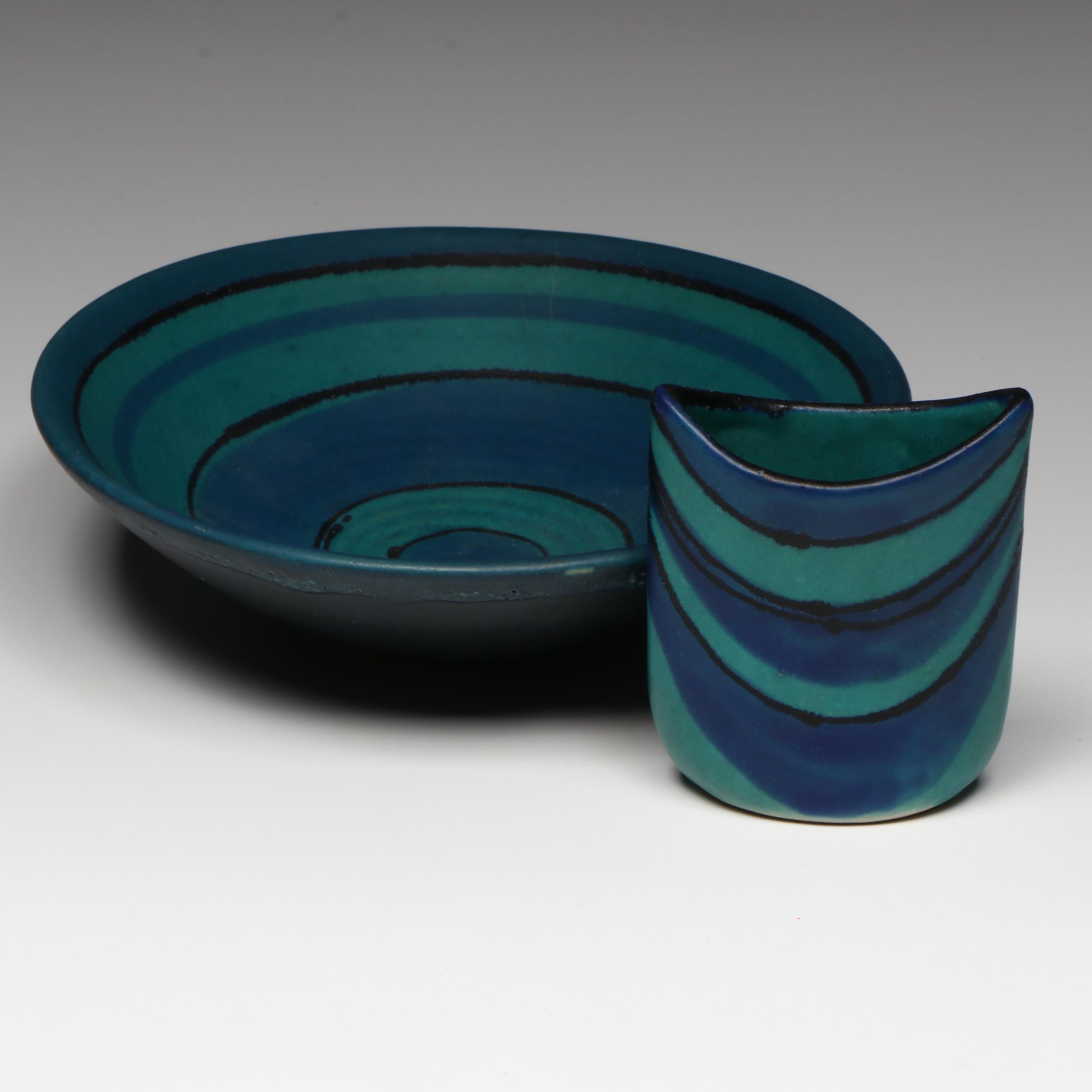 American Art Pottery Blue Banded Glaze Bowl and Cup