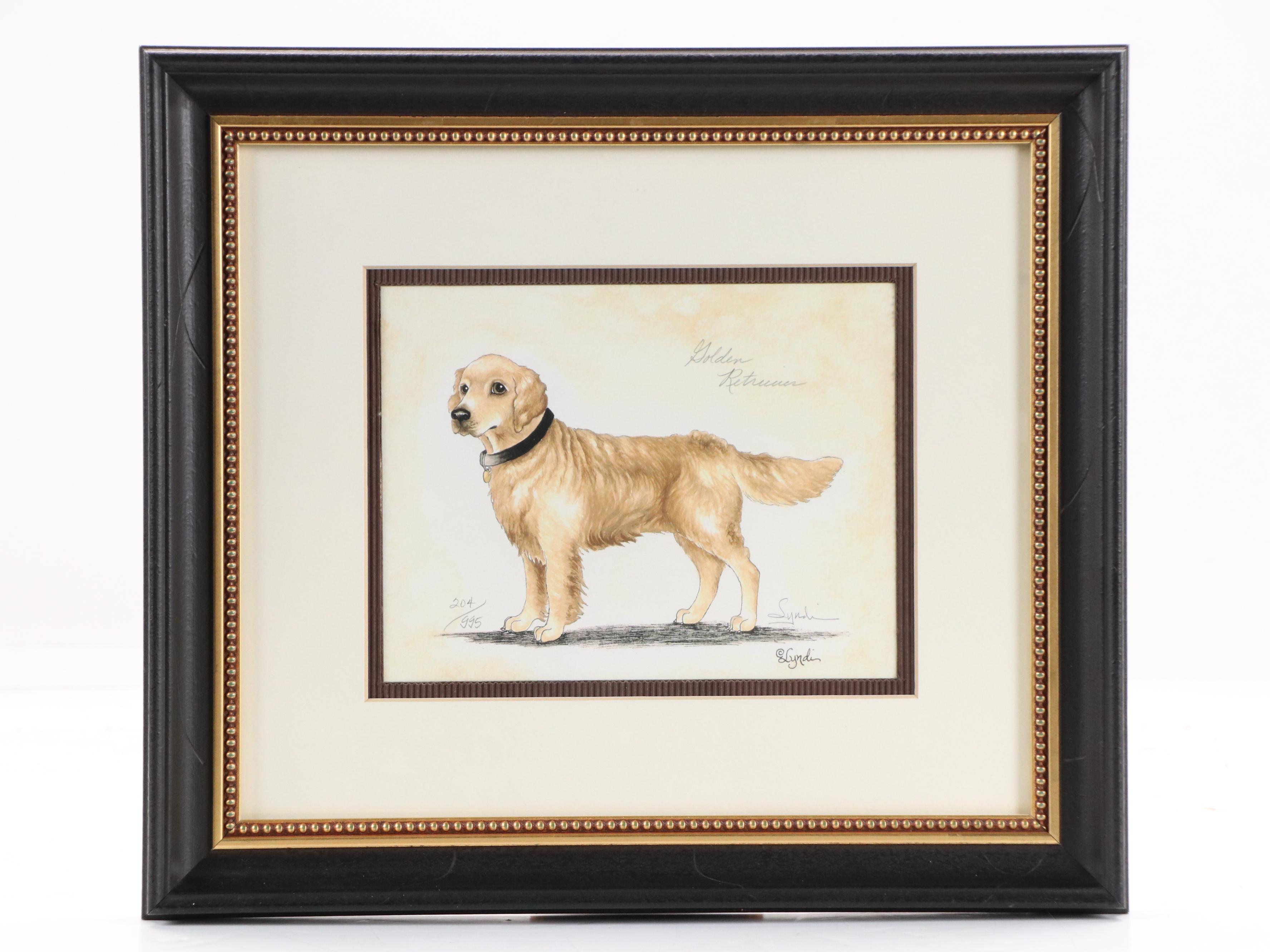 Lyndi Lende Offset Lithographs of Dog Illustrations "Golden Retriever" and More