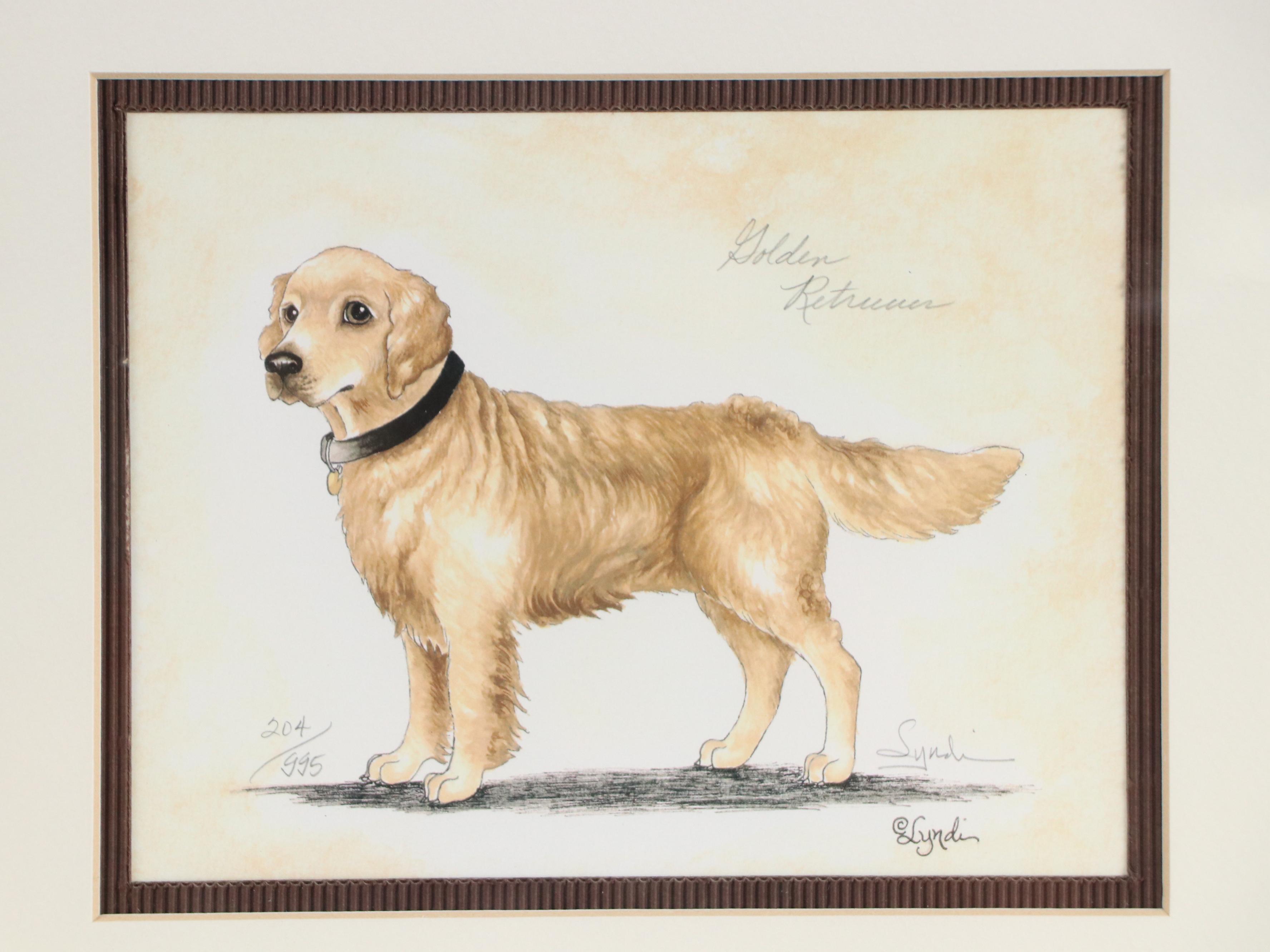 Lyndi Lende Offset Lithographs of Dog Illustrations "Golden Retriever" and More