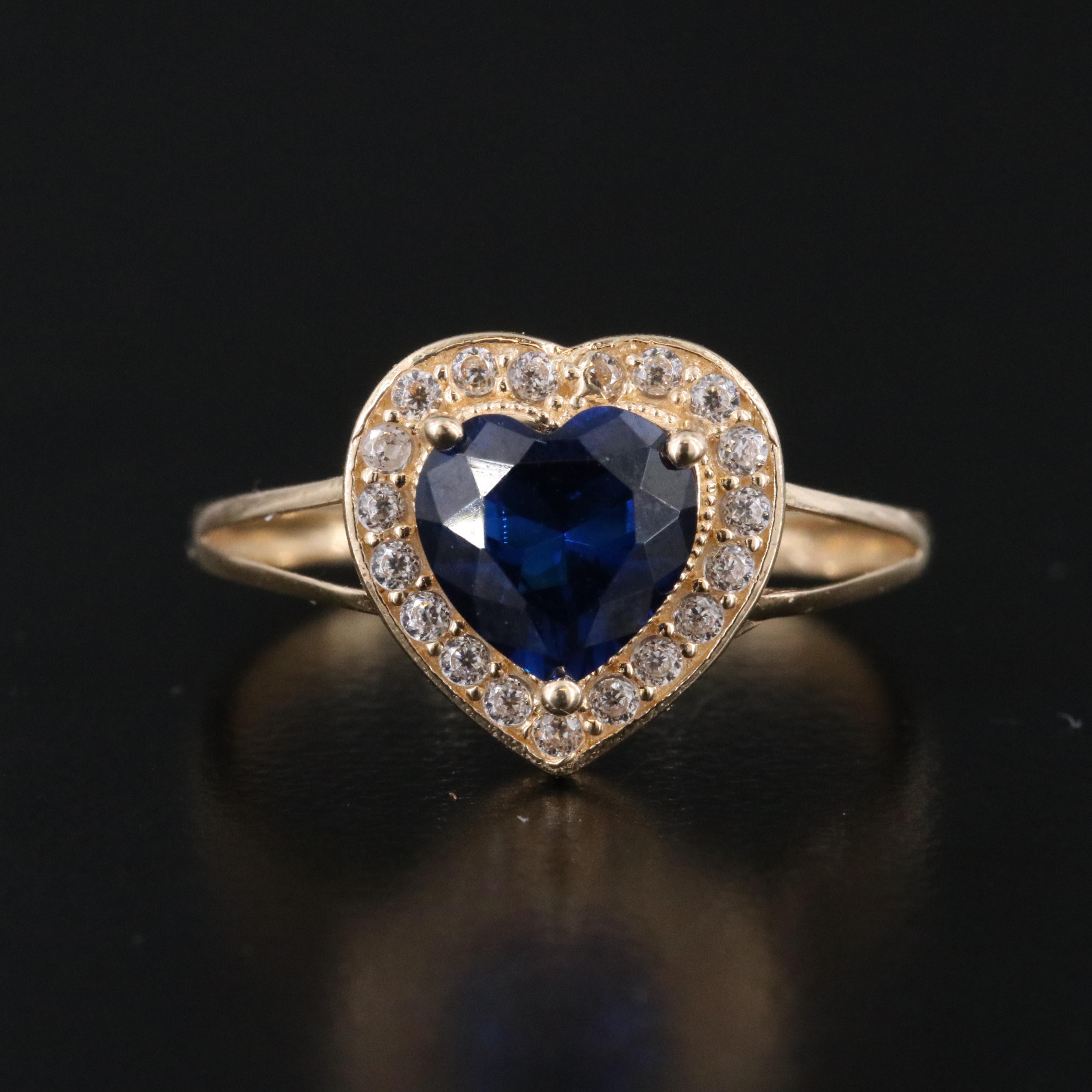 14K Faux Sapphire and CZ Heart Ring