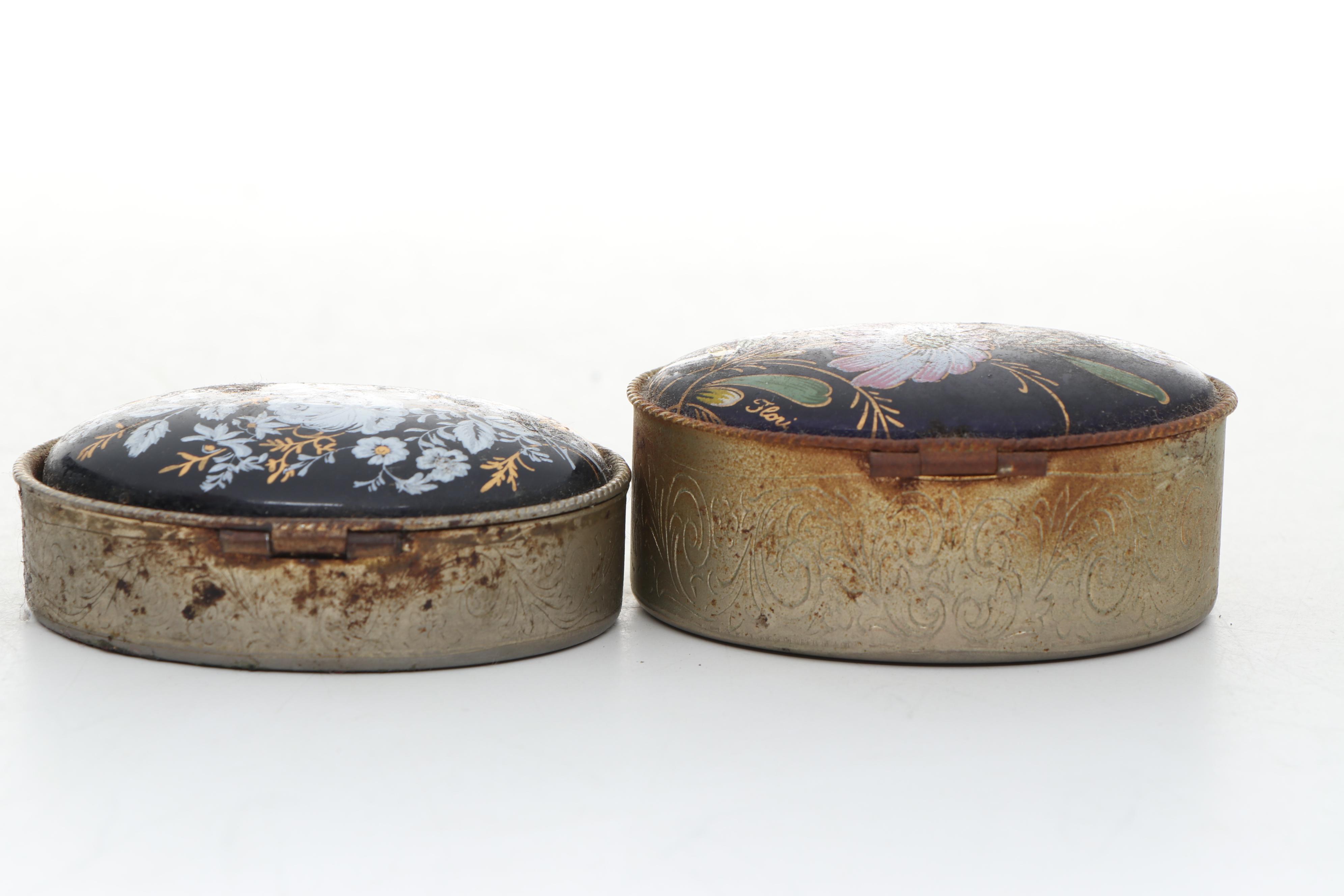 Dark Blue Floral Decorated Enamel Metal Pillboxes