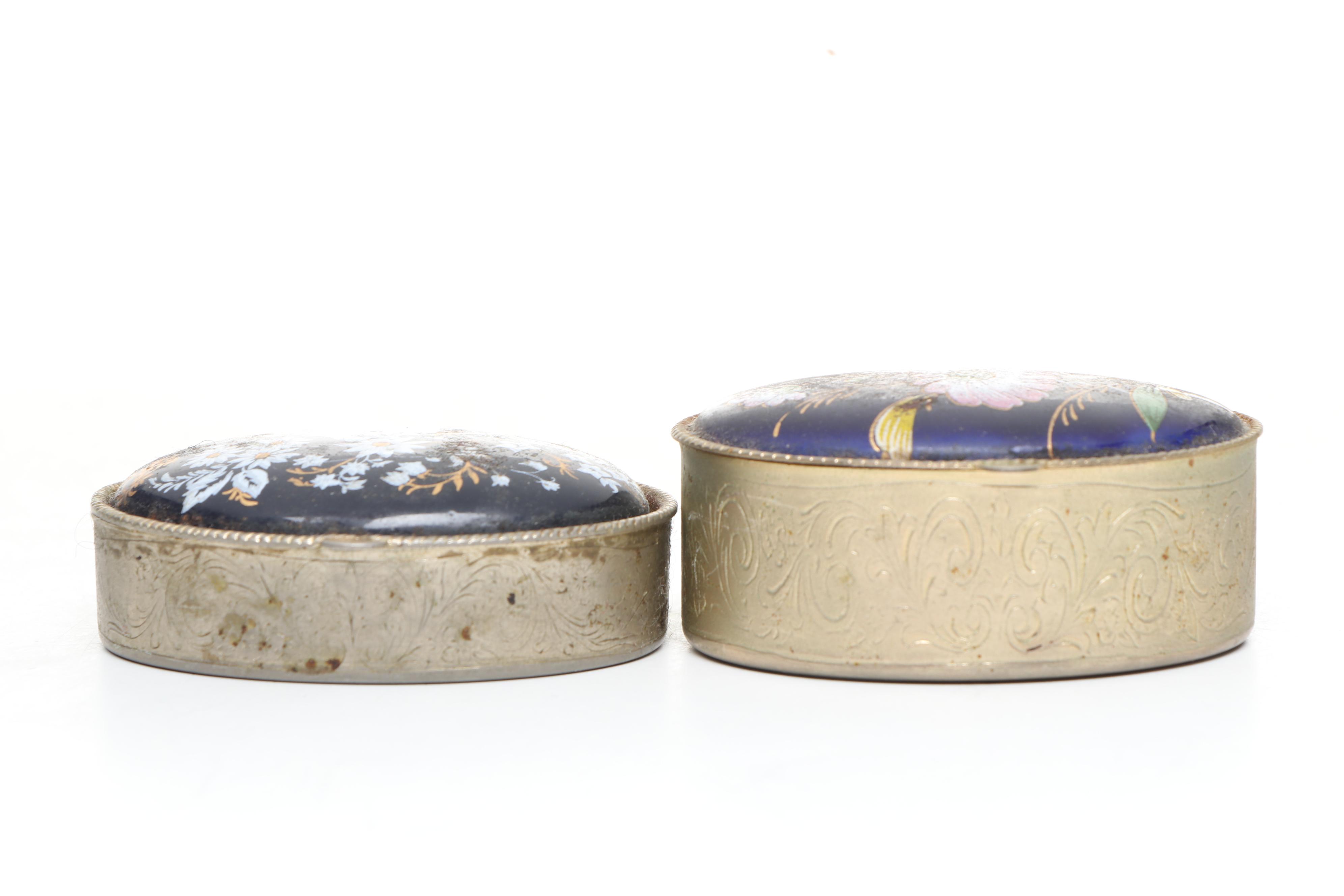 Dark Blue Floral Decorated Enamel Metal Pillboxes