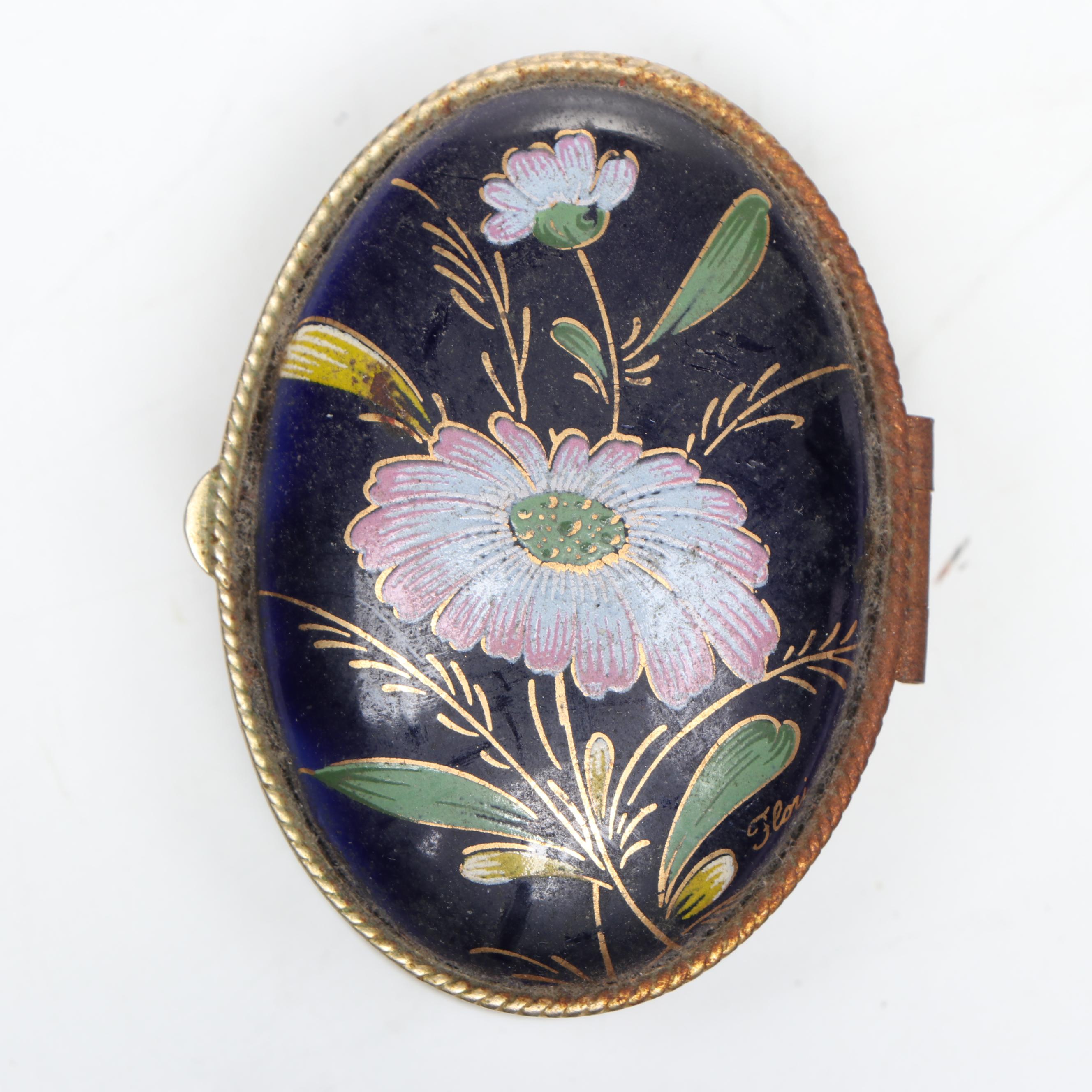 Dark Blue Floral Decorated Enamel Metal Pillboxes