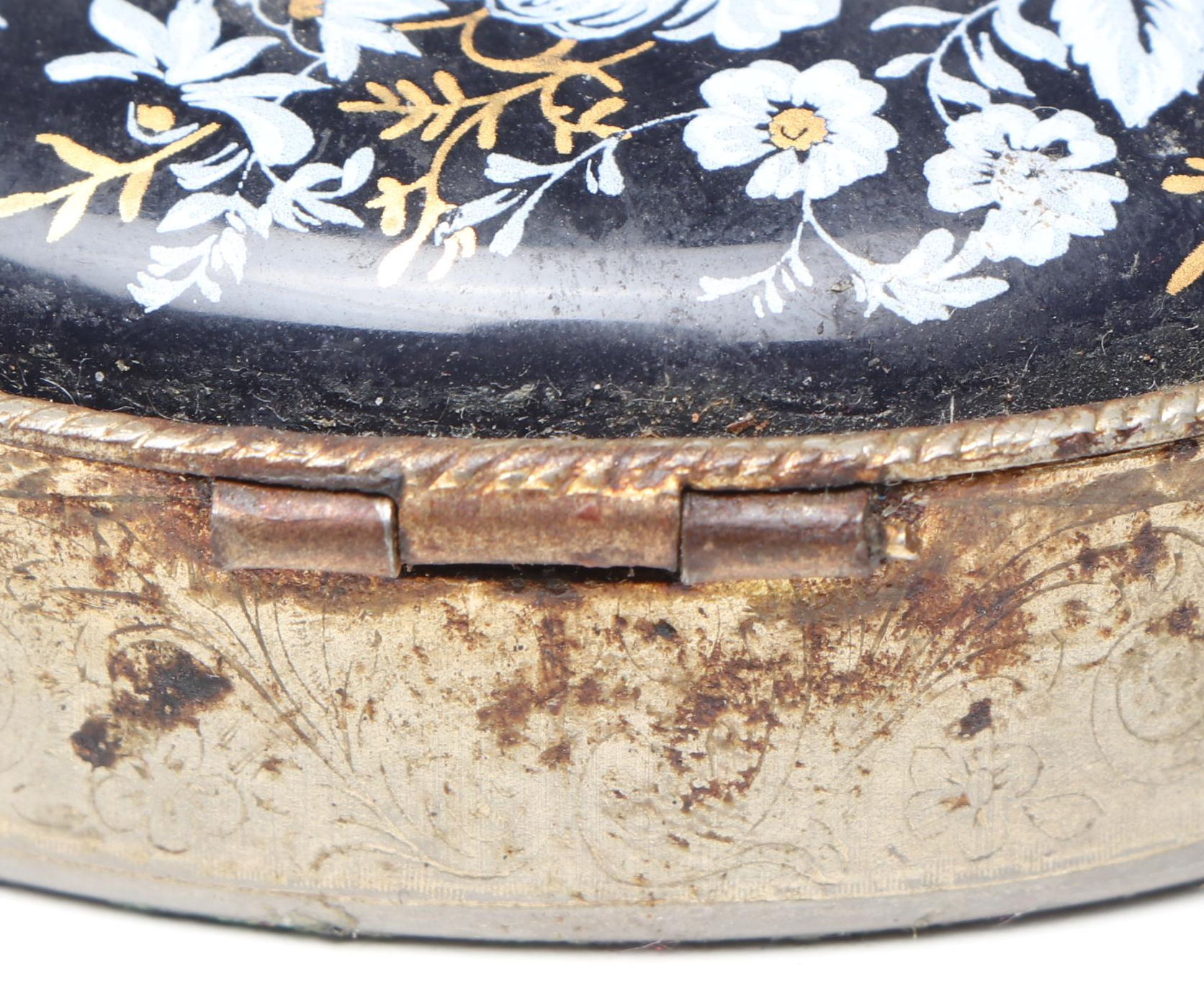 Dark Blue Floral Decorated Enamel Metal Pillboxes