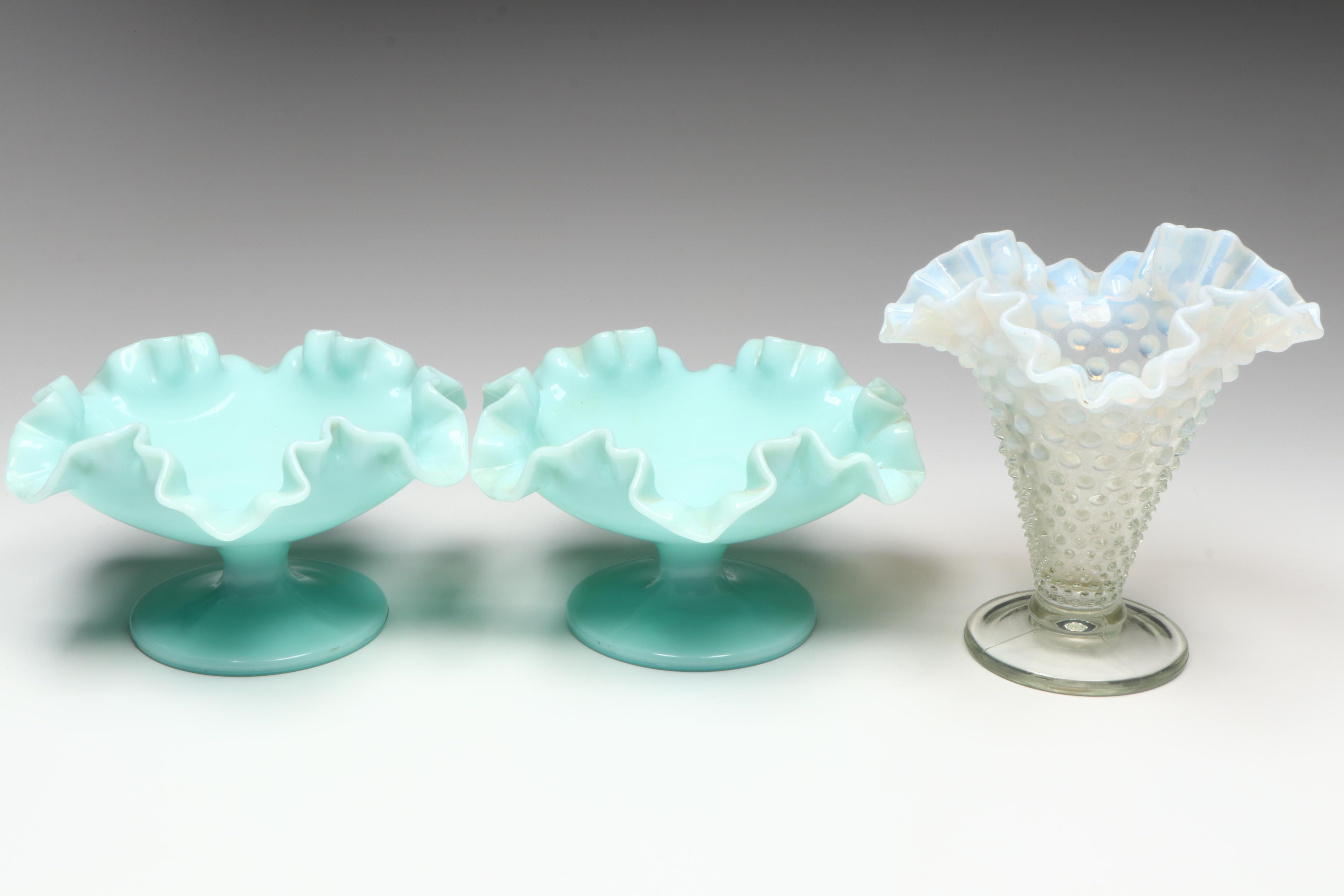 Milk Glass Footed Bowls with Hobnail Glass Vase