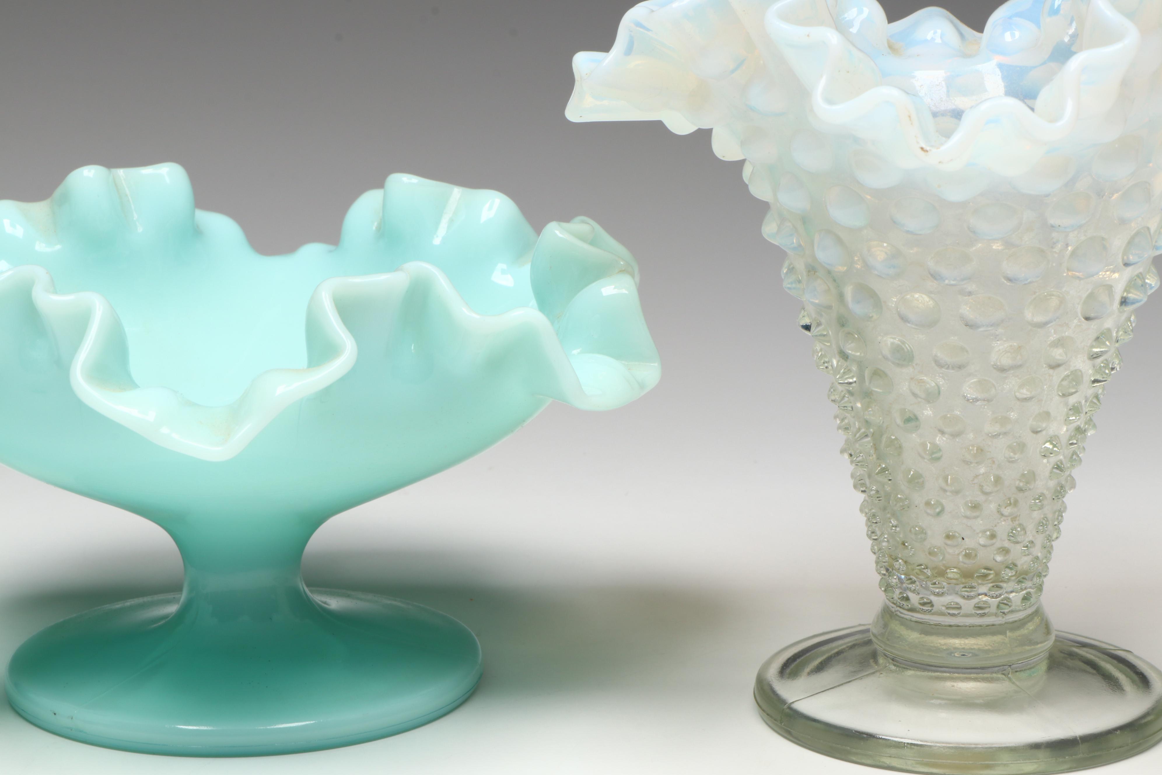 Milk Glass Footed Bowls with Hobnail Glass Vase