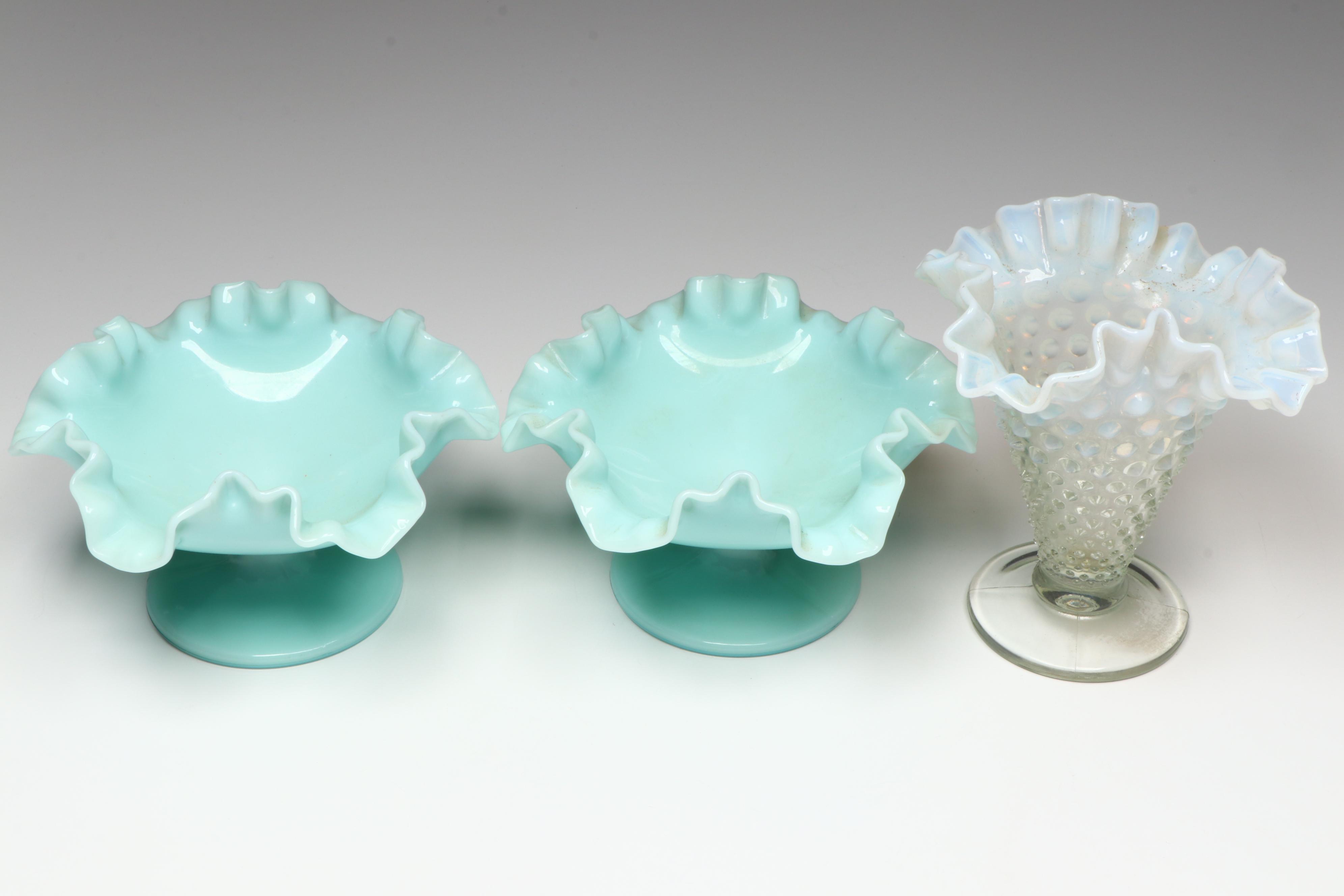 Milk Glass Footed Bowls with Hobnail Glass Vase