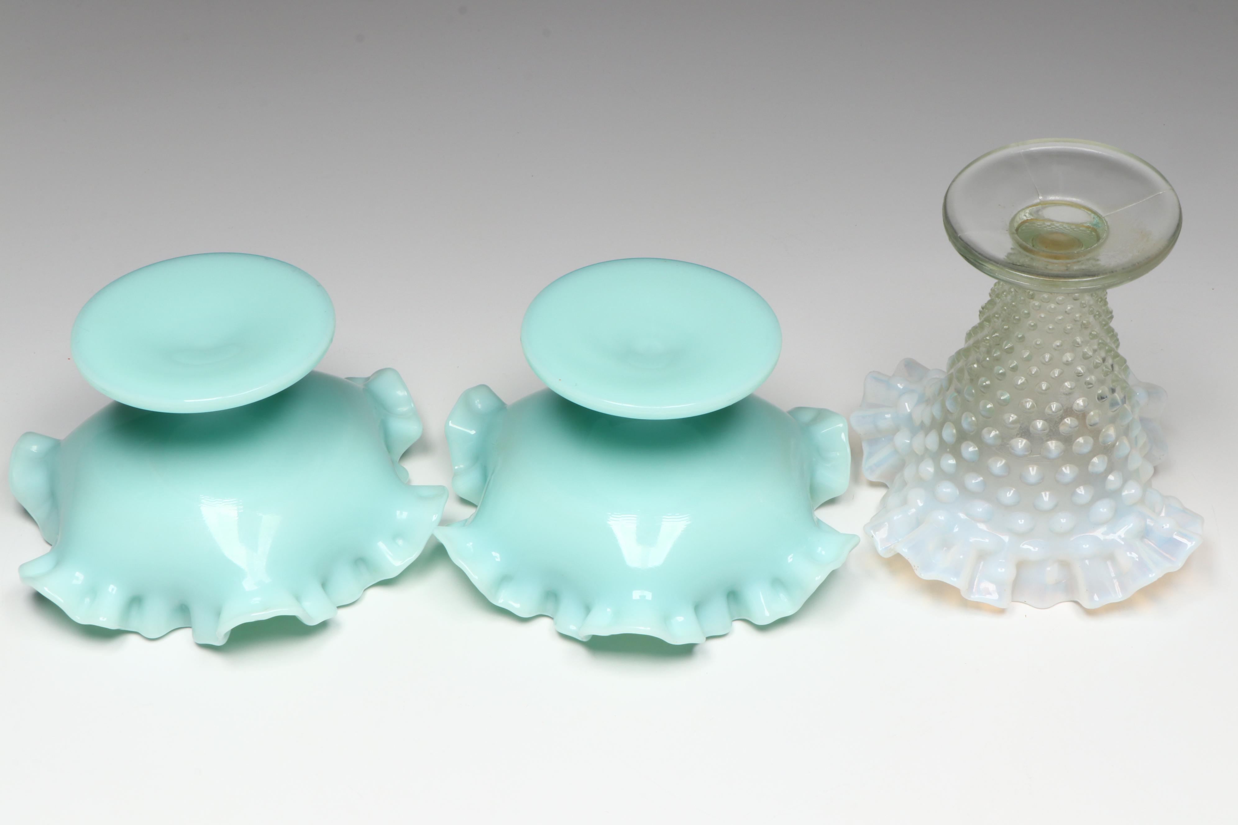 Milk Glass Footed Bowls with Hobnail Glass Vase