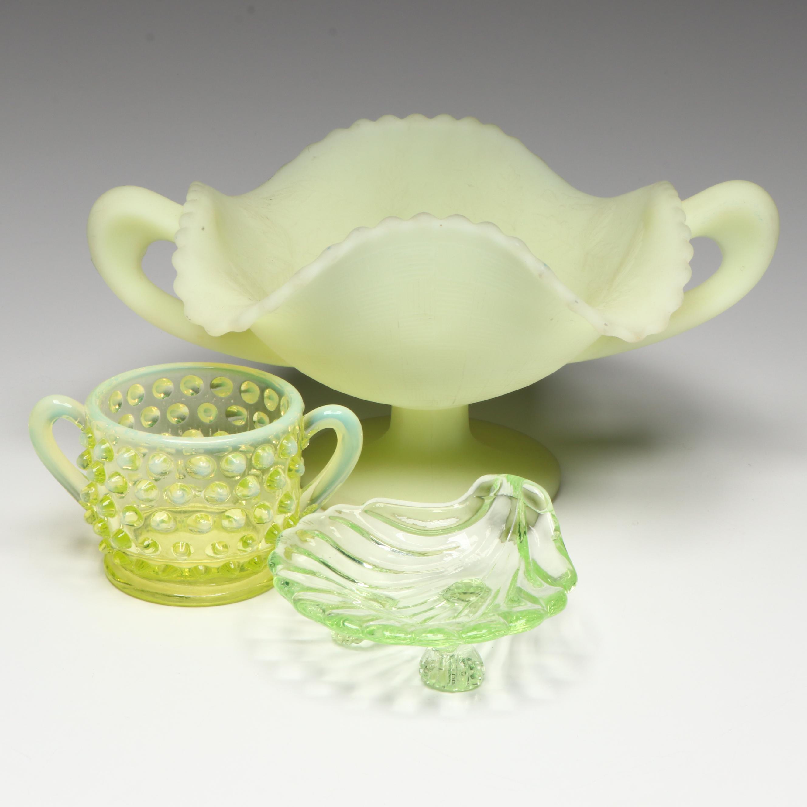 Uranium Glass Fenton Handled Bowl, Hobnail Sugar Bowl, and Footed Shell Bowl