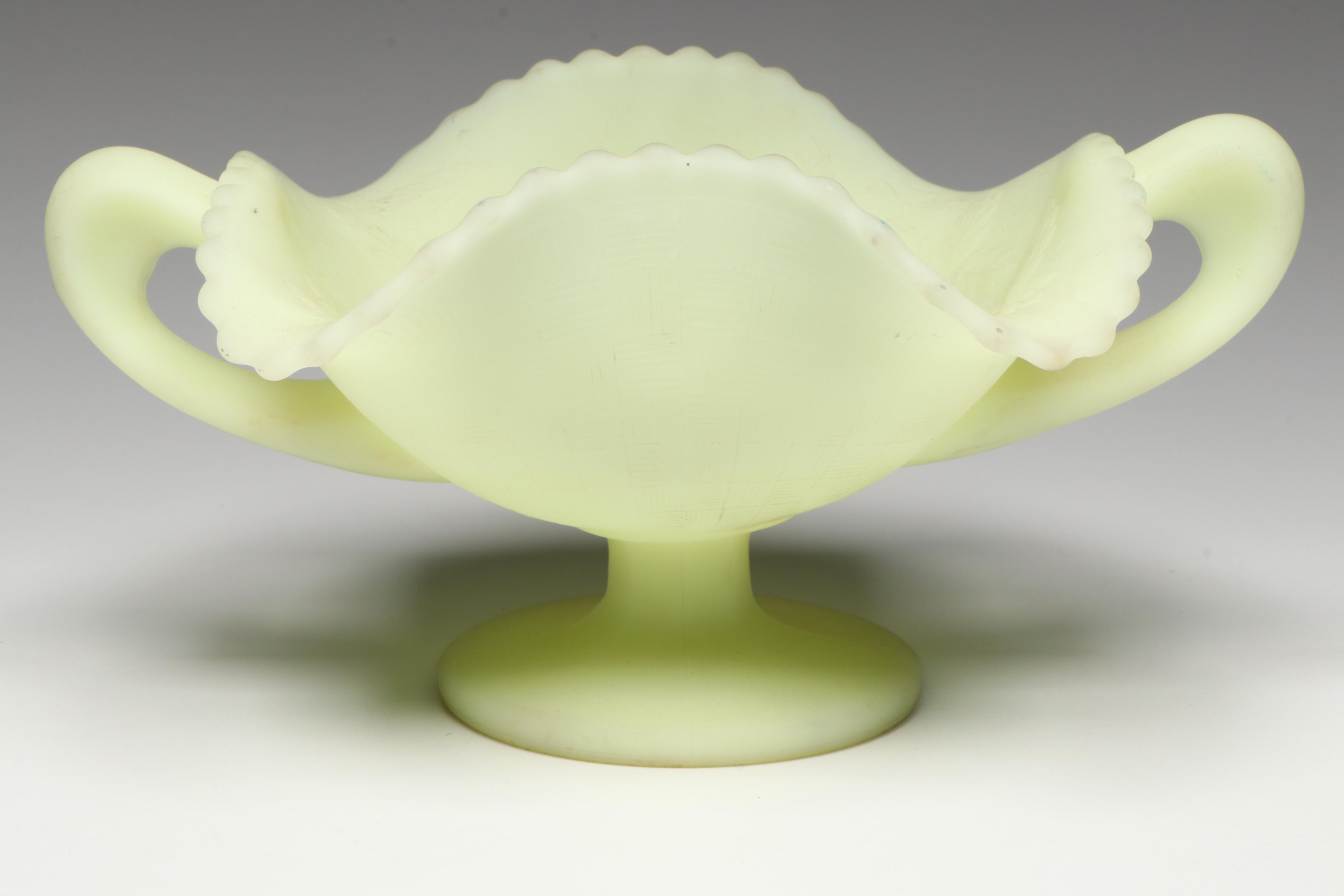 Uranium Glass Fenton Handled Bowl, Hobnail Sugar Bowl, and Footed Shell Bowl