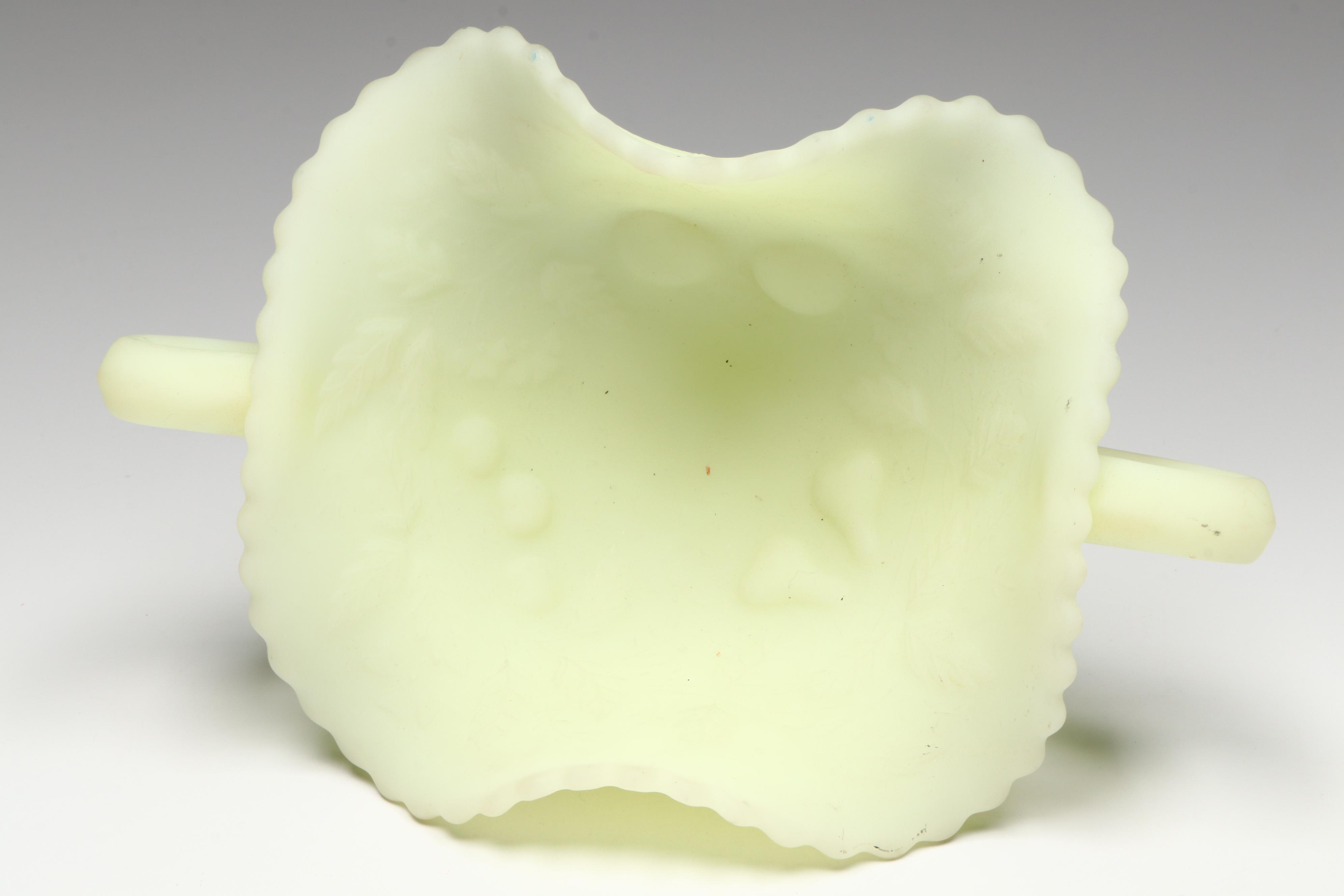 Uranium Glass Fenton Handled Bowl, Hobnail Sugar Bowl, and Footed Shell Bowl