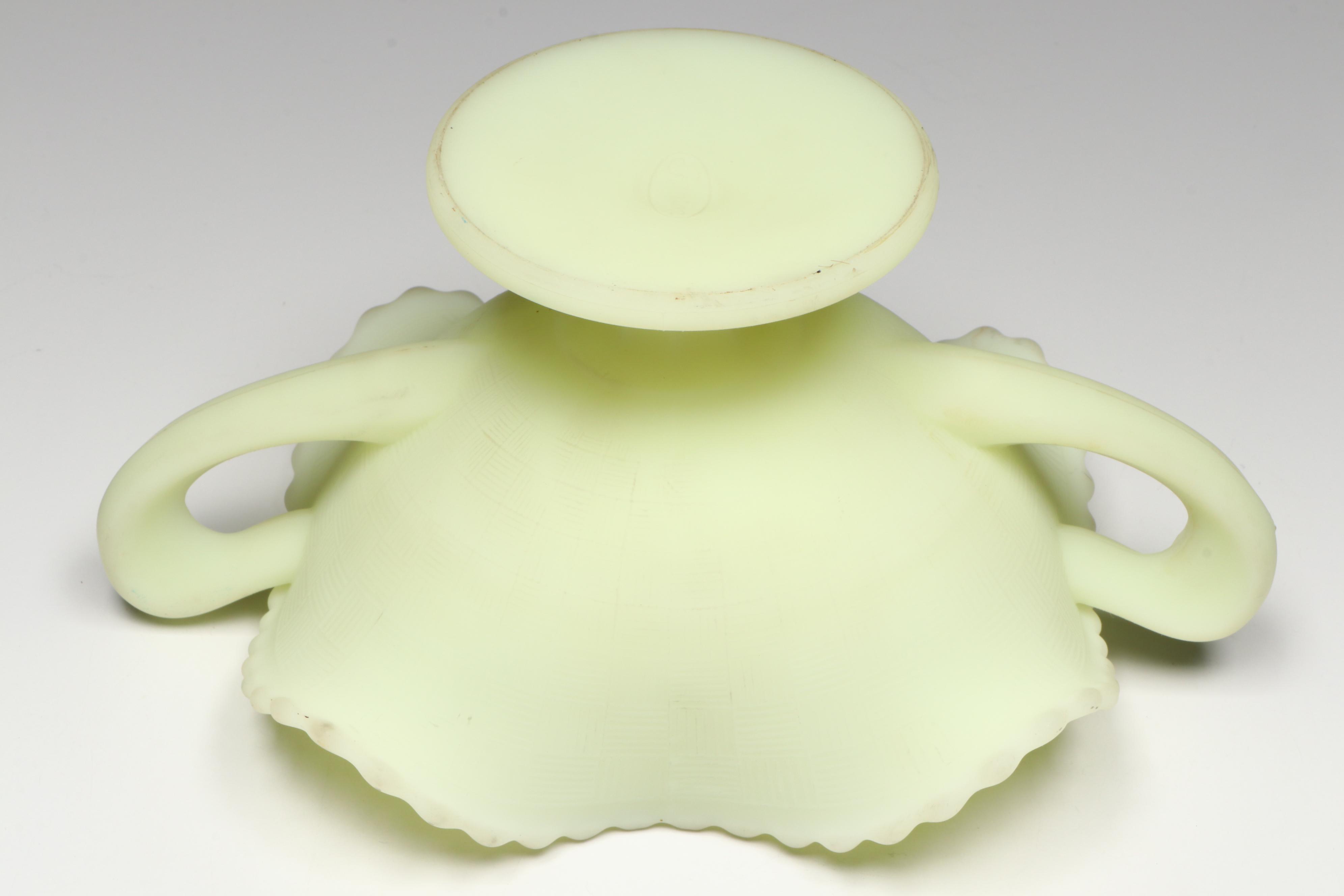 Uranium Glass Fenton Handled Bowl, Hobnail Sugar Bowl, and Footed Shell Bowl