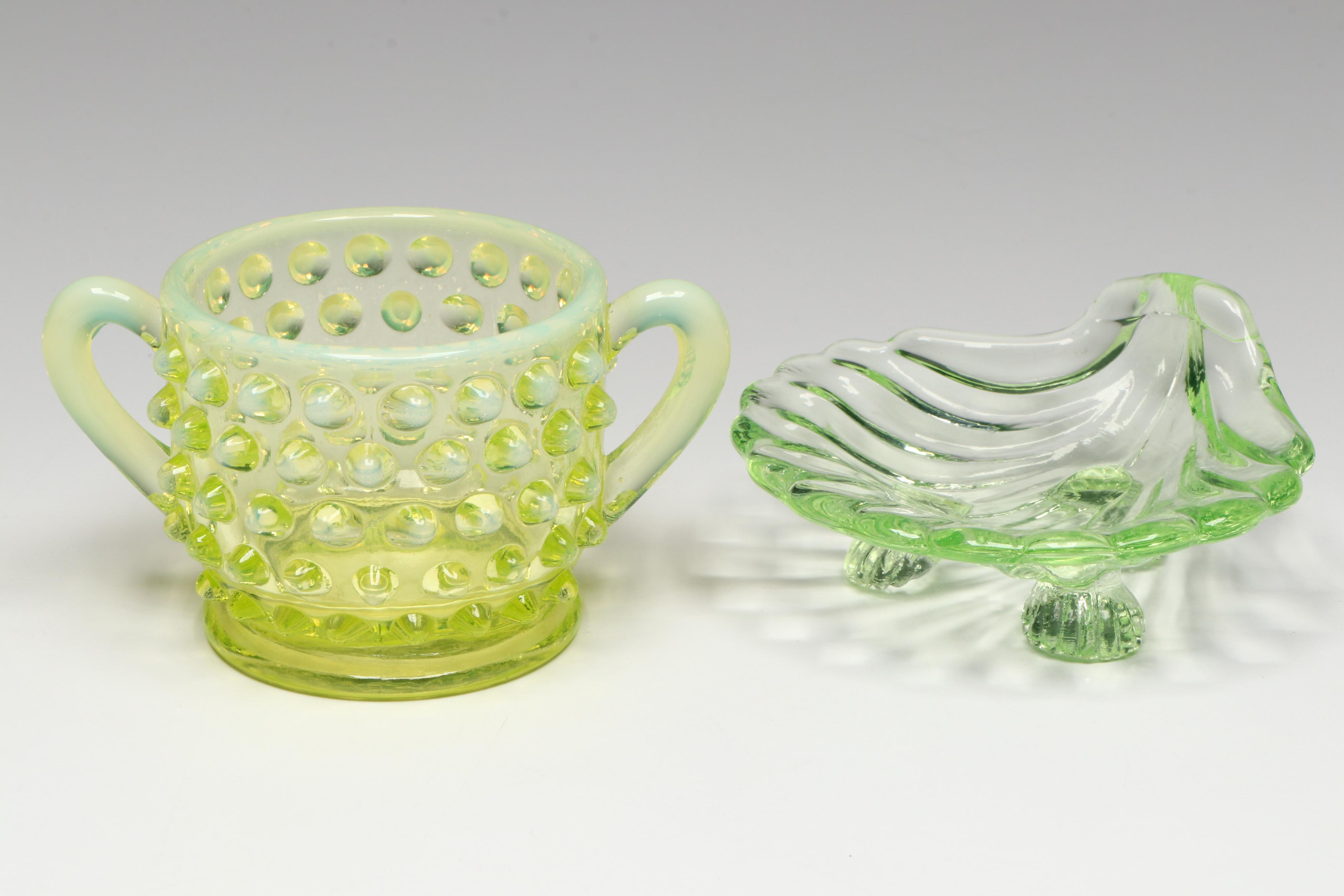 Uranium Glass Fenton Handled Bowl, Hobnail Sugar Bowl, and Footed Shell Bowl