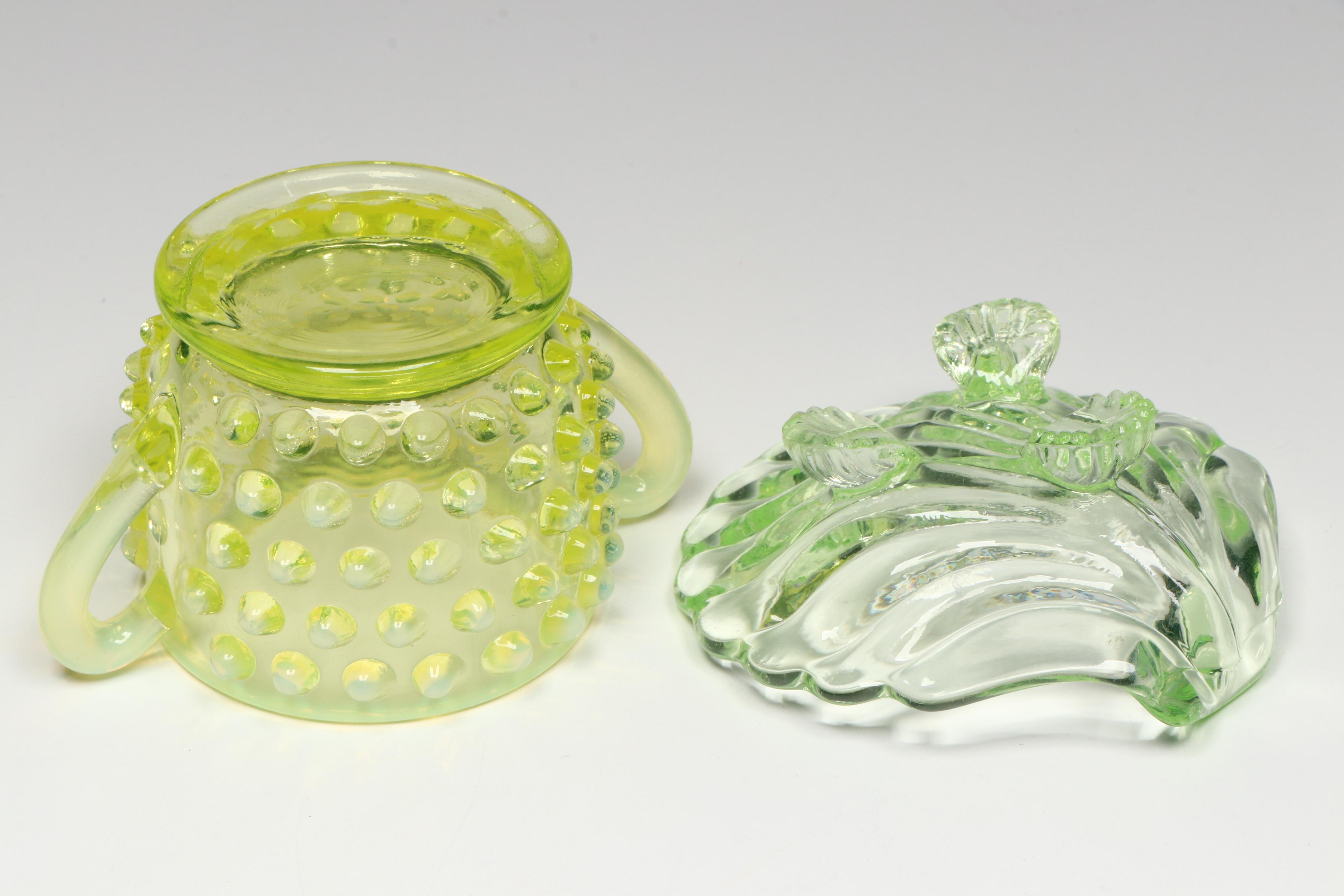 Uranium Glass Fenton Handled Bowl, Hobnail Sugar Bowl, and Footed Shell Bowl