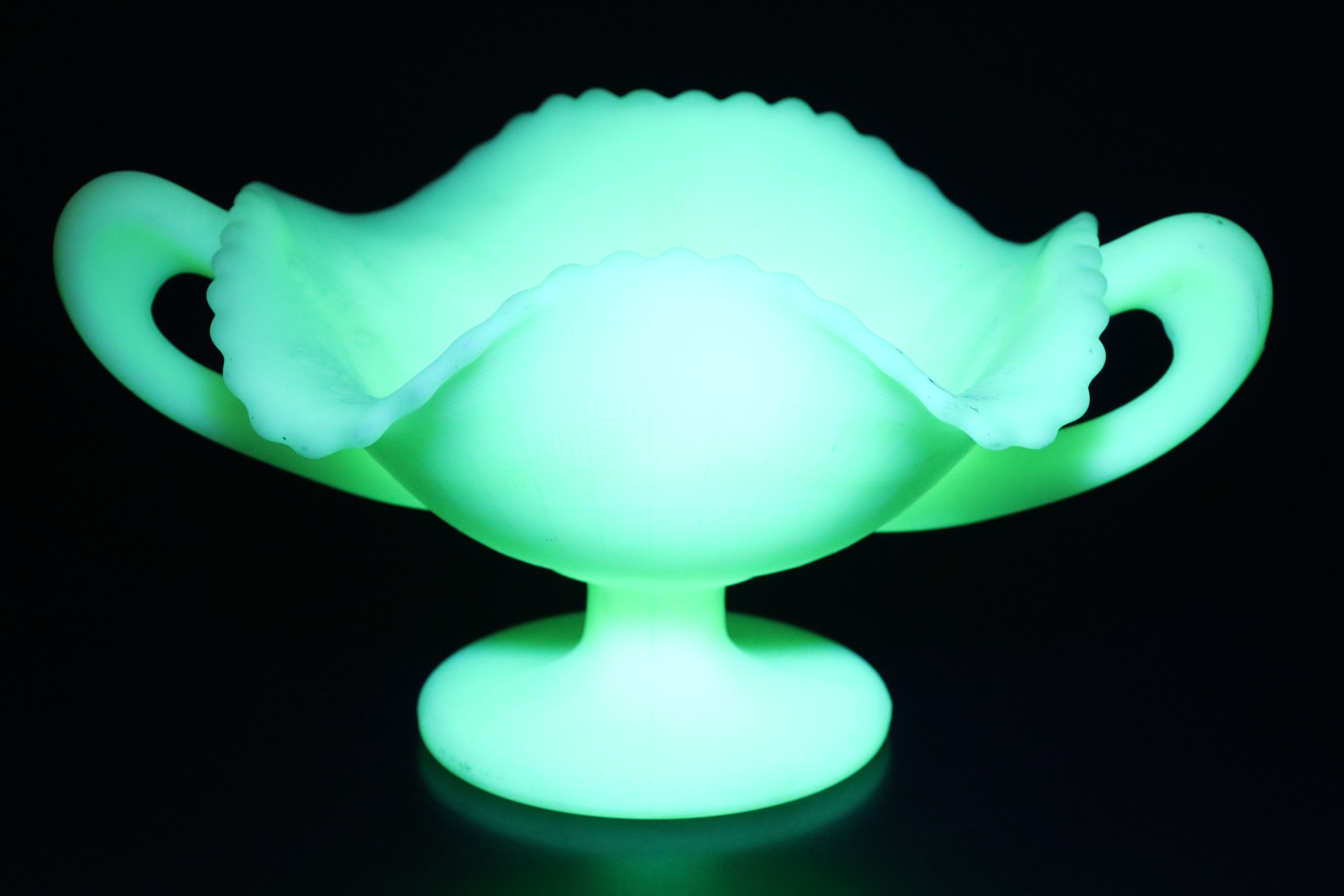Uranium Glass Fenton Handled Bowl, Hobnail Sugar Bowl, and Footed Shell Bowl