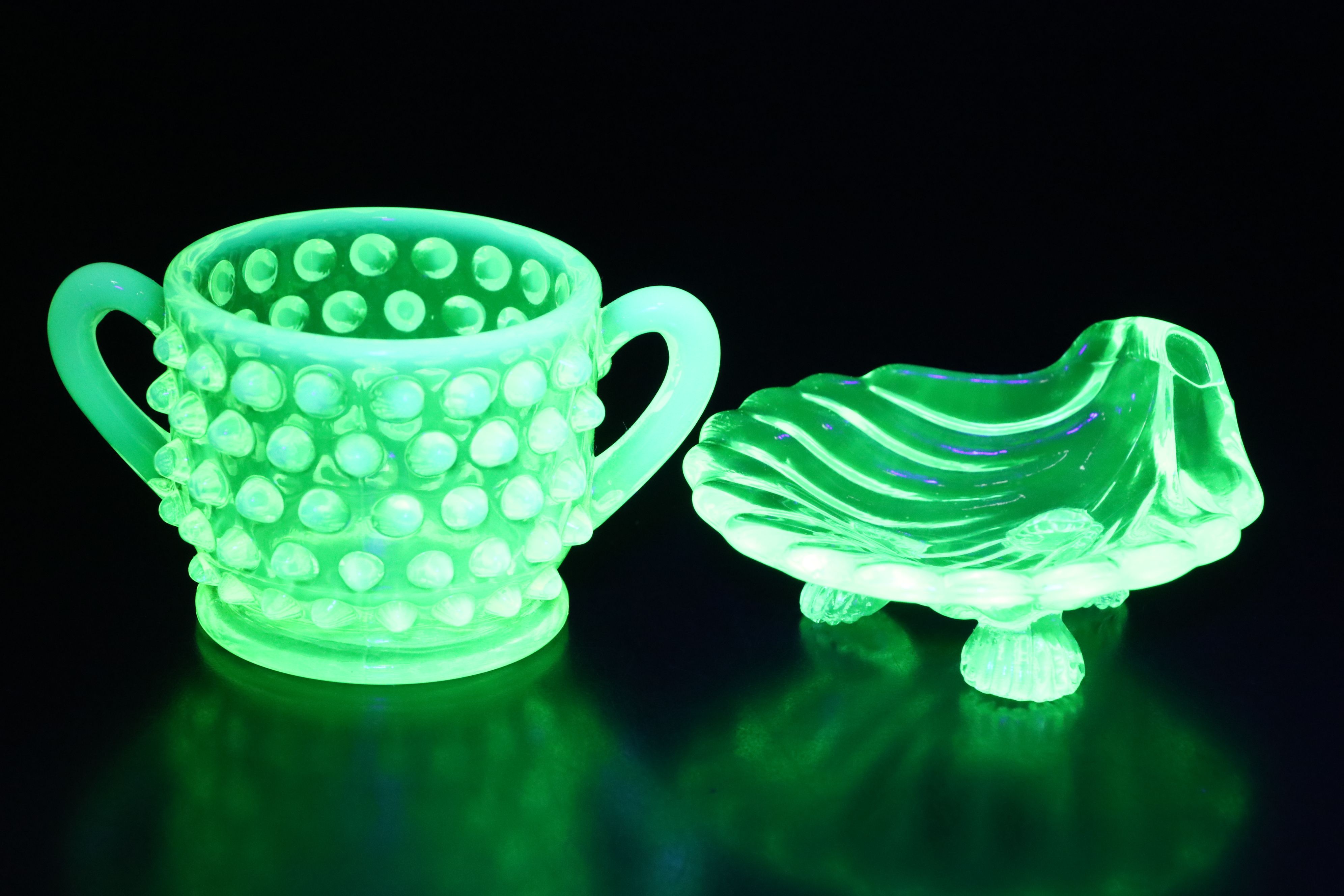 Uranium Glass Fenton Handled Bowl, Hobnail Sugar Bowl, and Footed Shell Bowl