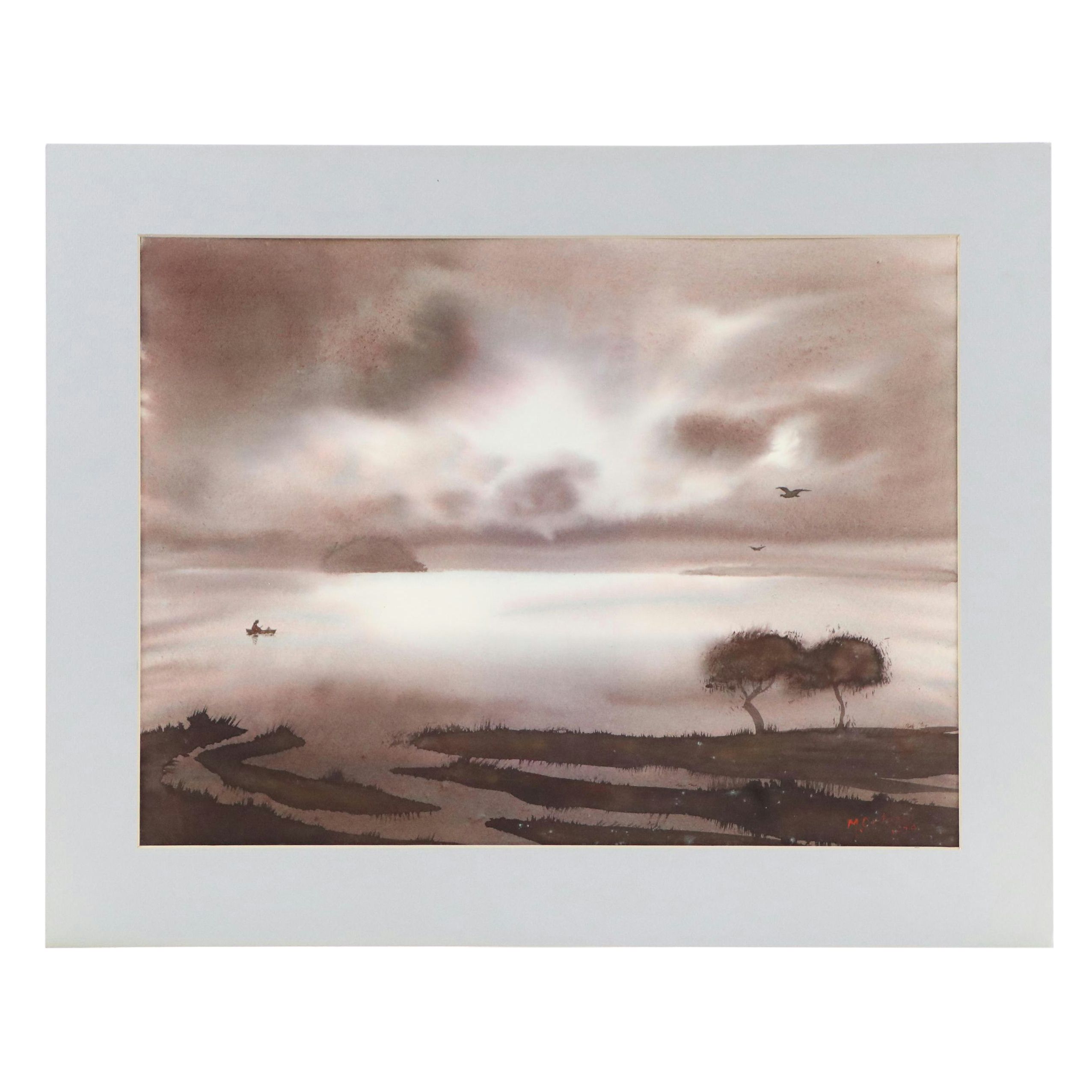 Mariano Ortuzar Landscape Watercolor Painting with Open Water with Trees, 1979