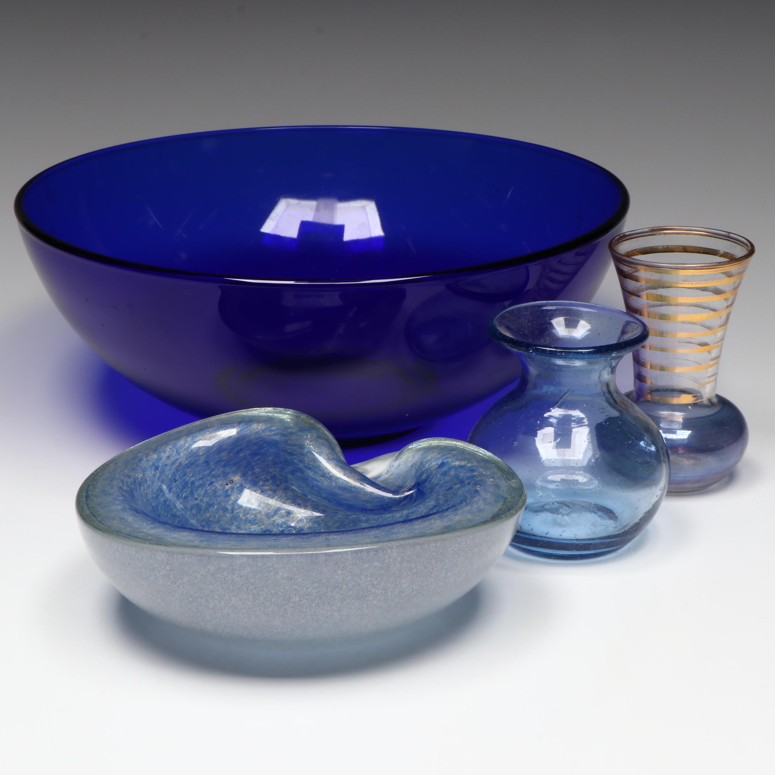 Murano Style Glass Ashtray, Glass Bud Vases, and Glass Bowl
