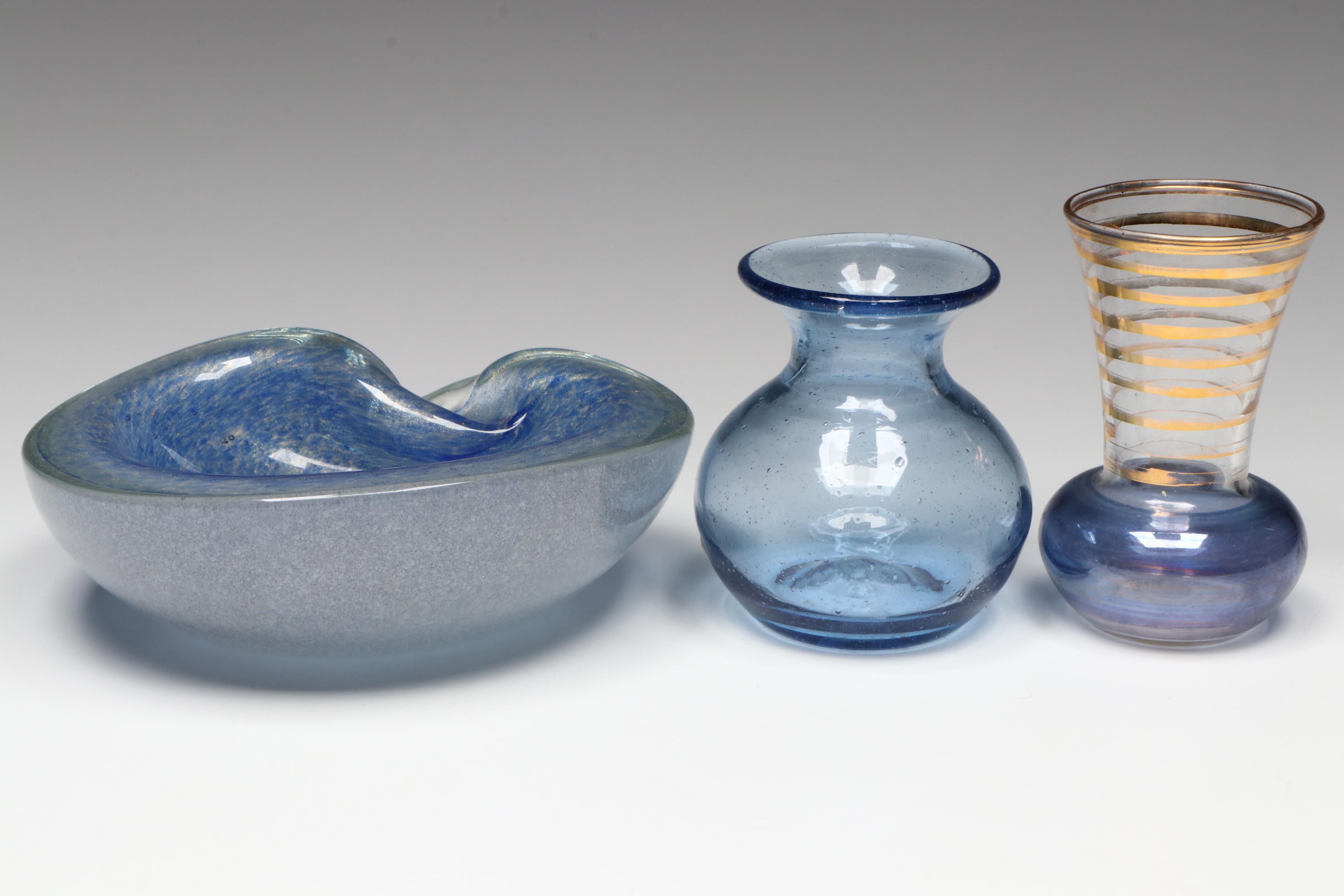 Murano Style Glass Ashtray, Glass Bud Vases, and Glass Bowl