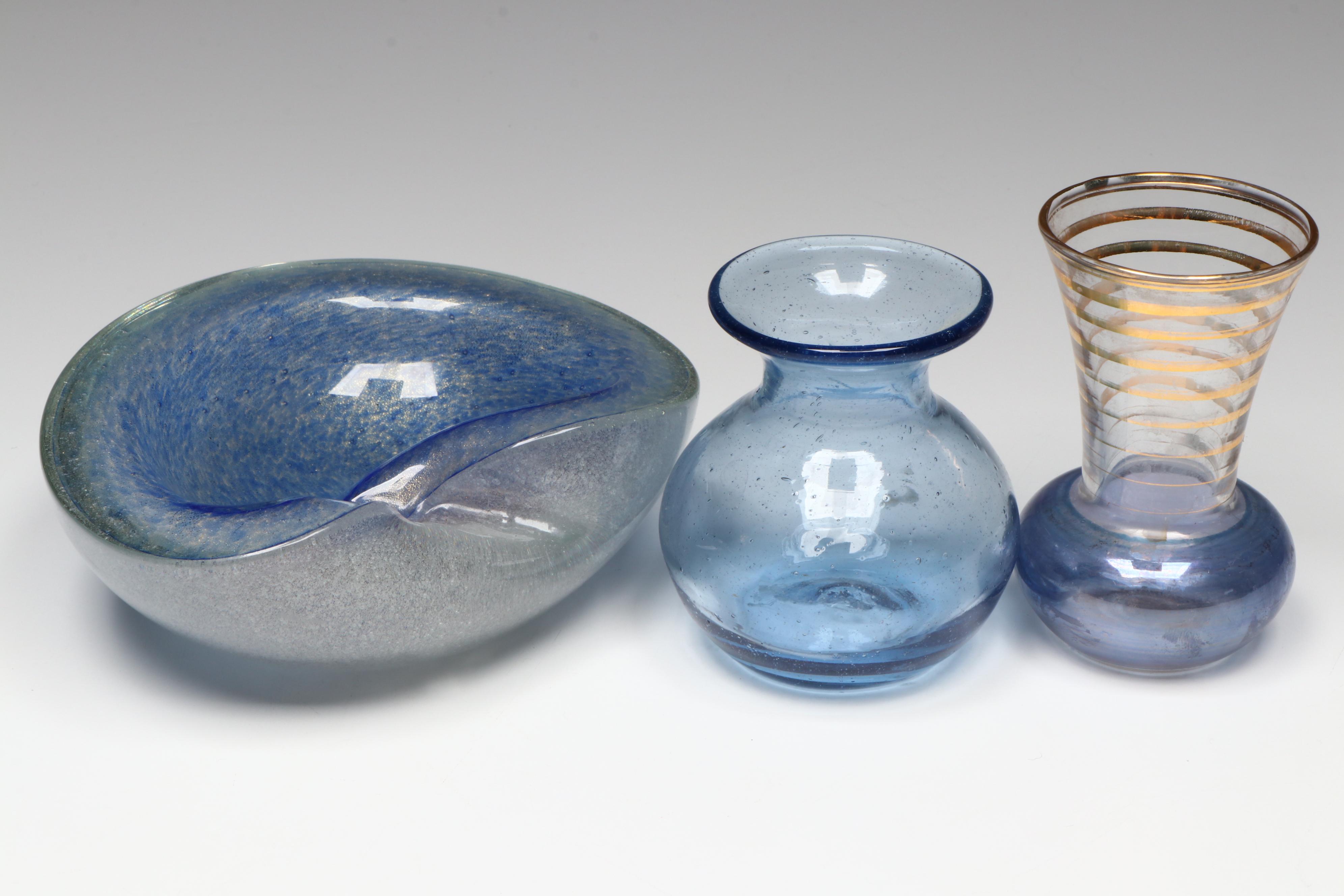 Murano Style Glass Ashtray, Glass Bud Vases, and Glass Bowl