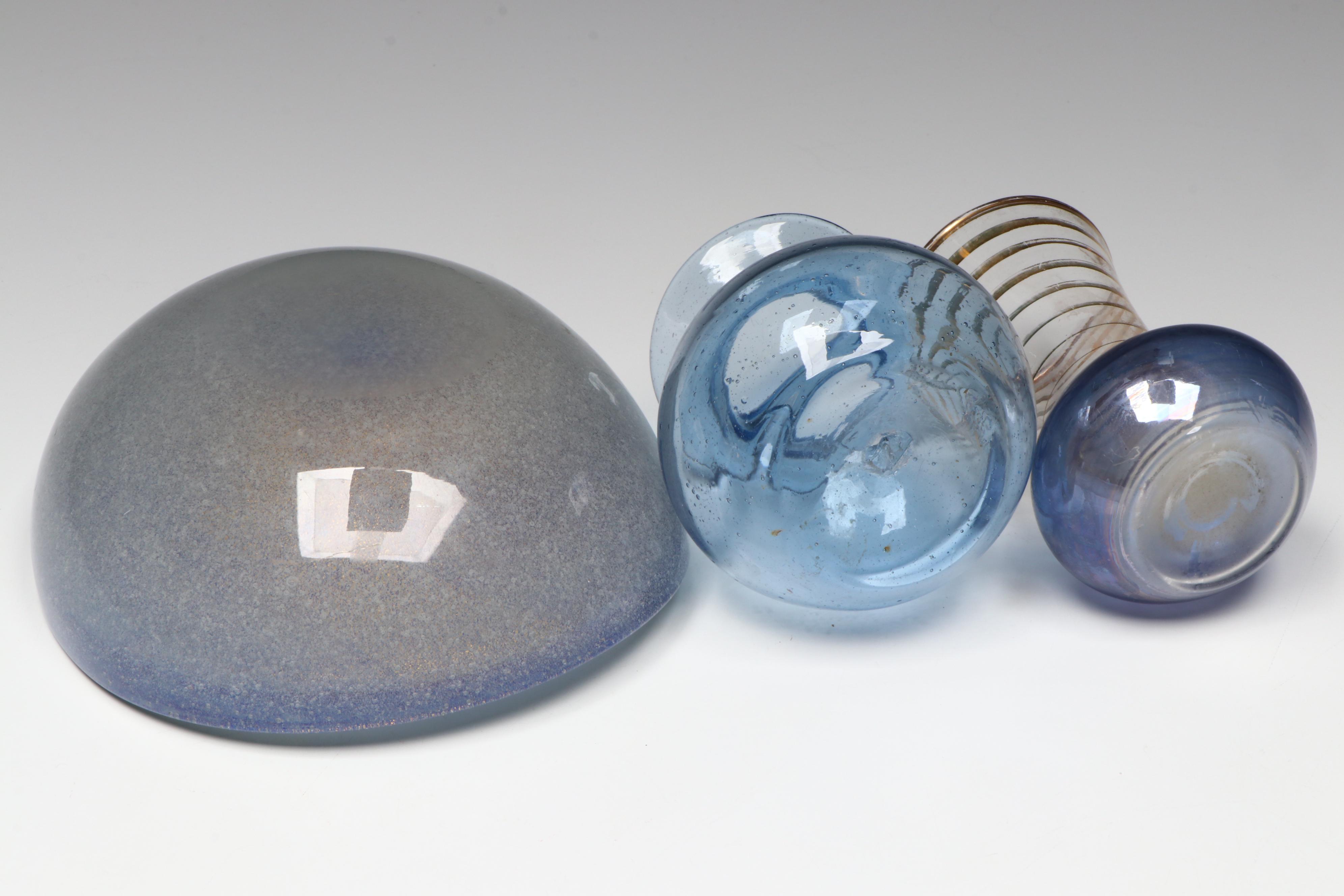 Murano Style Glass Ashtray, Glass Bud Vases, and Glass Bowl