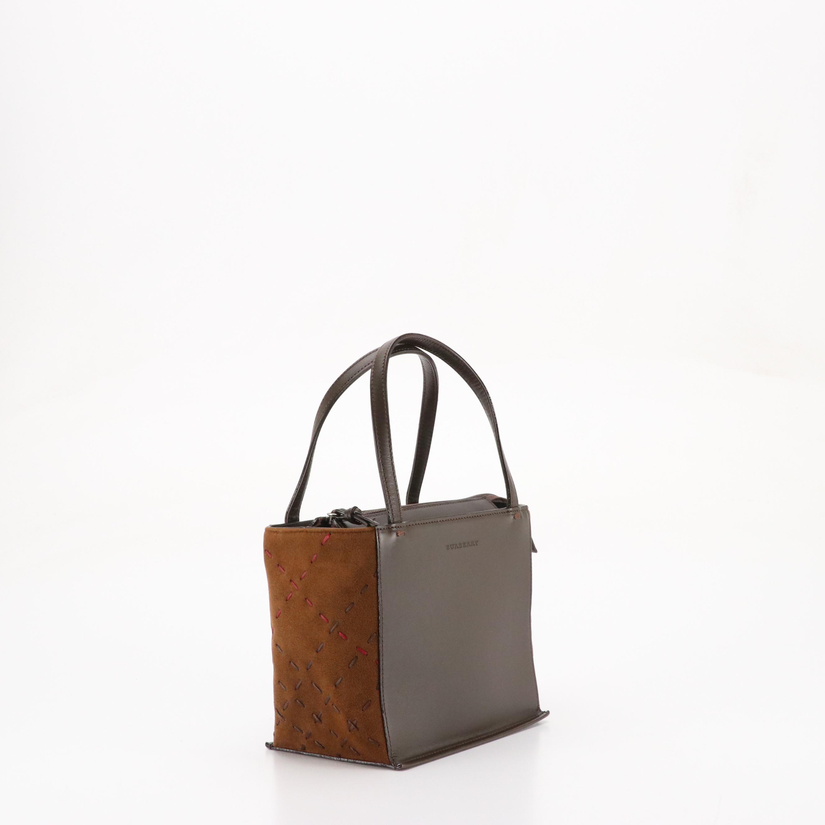 Burberry Stitched Brown Suede and Leather Top Handle Handbag