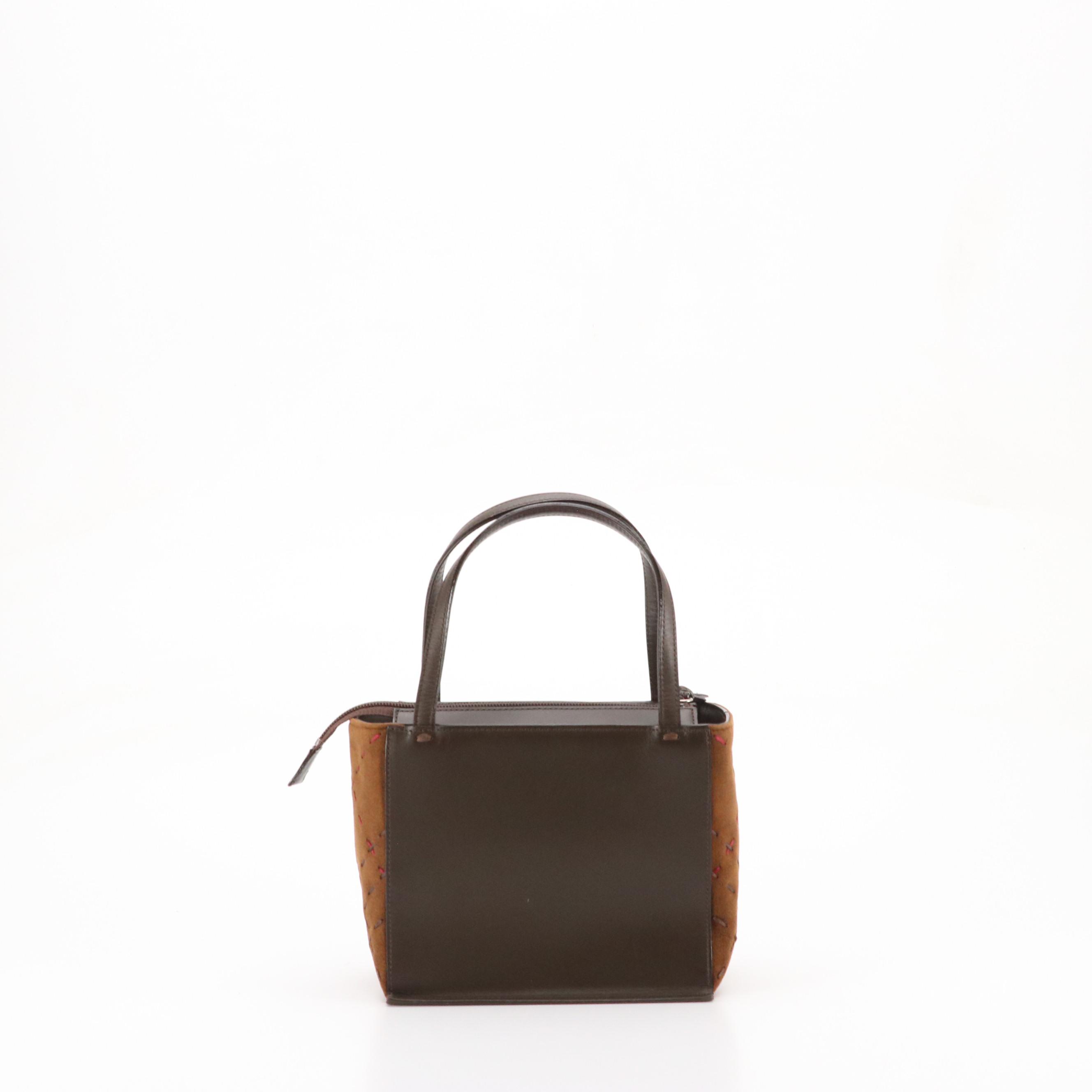 Burberry Stitched Brown Suede and Leather Top Handle Handbag