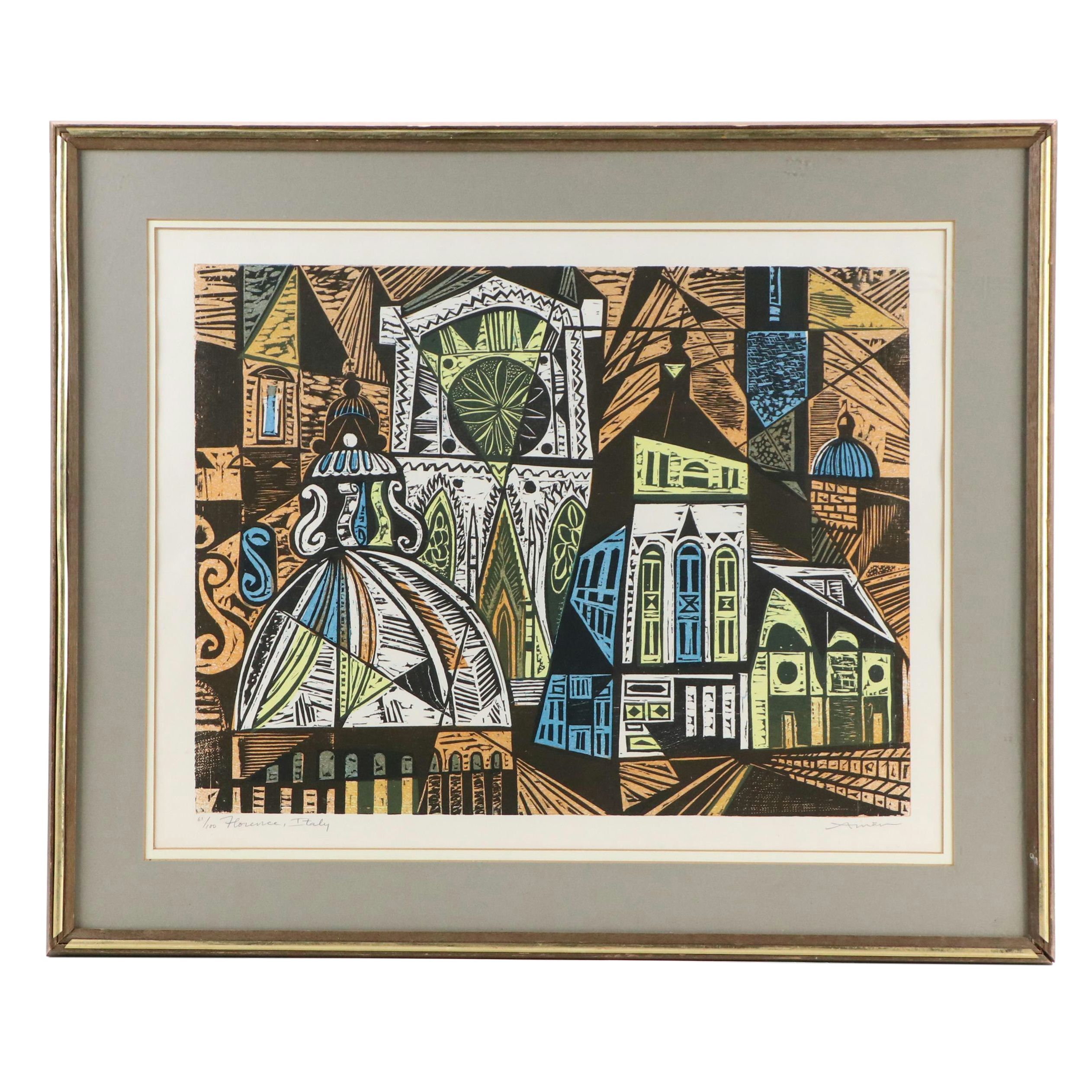 Irving Amen Color Woodcut "Florence Italy"