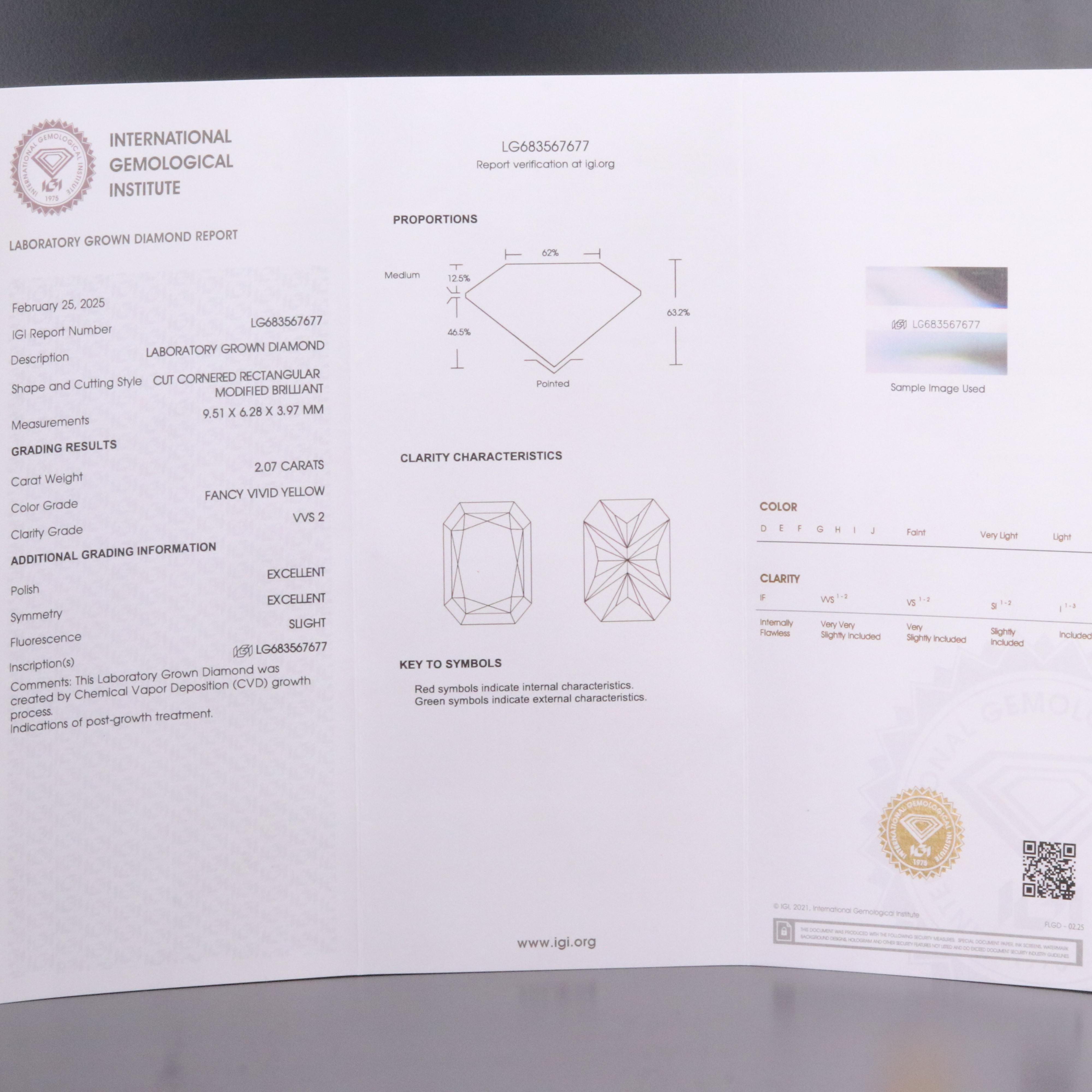 Loose 2.07 CT Lab Grown Fancy Yellow Diamond with IGI Report