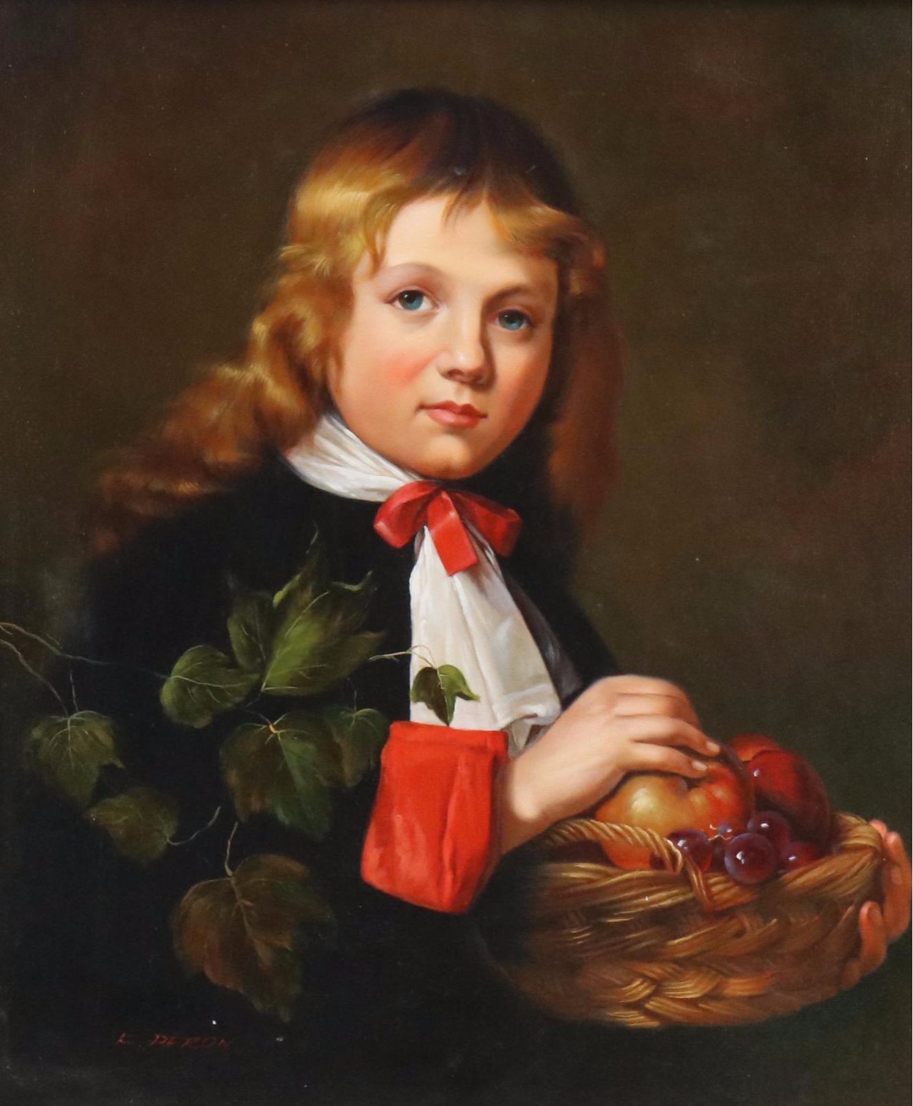 Oil Painting  After Jan de Bray "Portrait of a Boy Holding a Basket of Fruit"