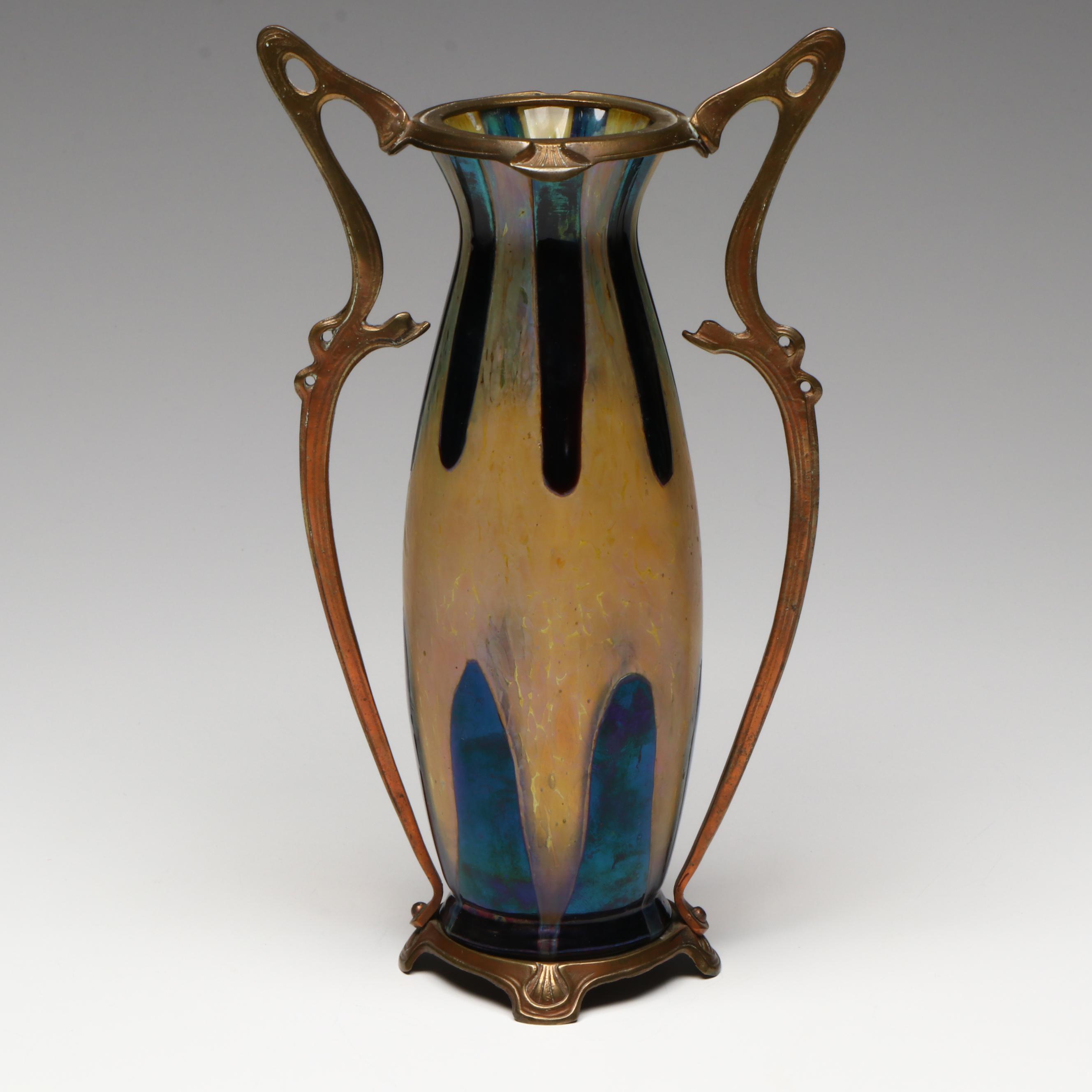 Art Nouveau Glass Vase in Brass Casing
