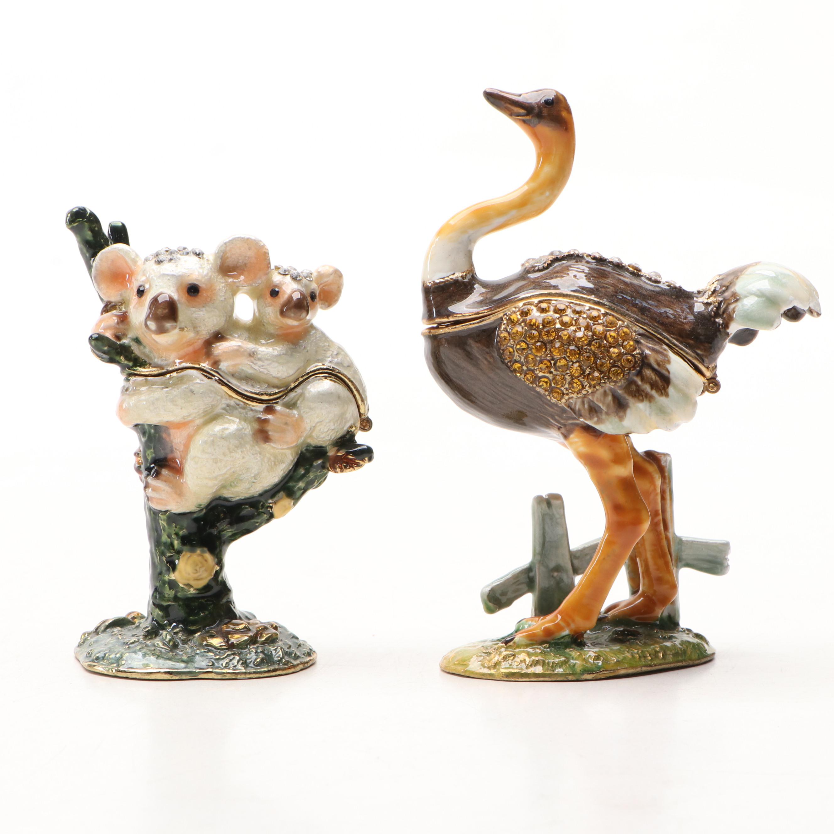 Enamel Koala, Ostrich, and Kangaroo Decorative Boxes