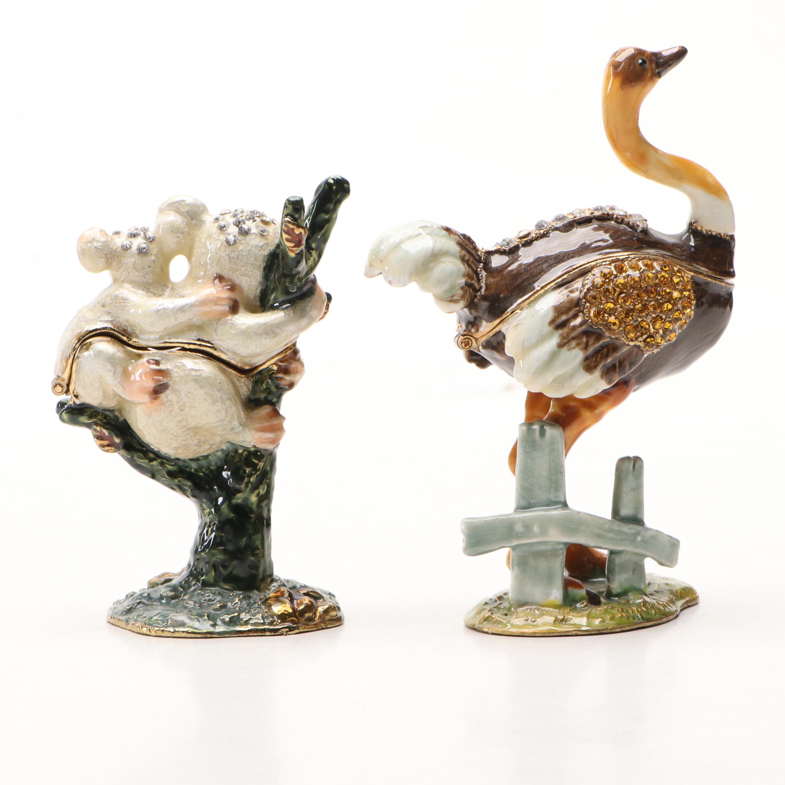 Enamel Koala, Ostrich, and Kangaroo Decorative Boxes