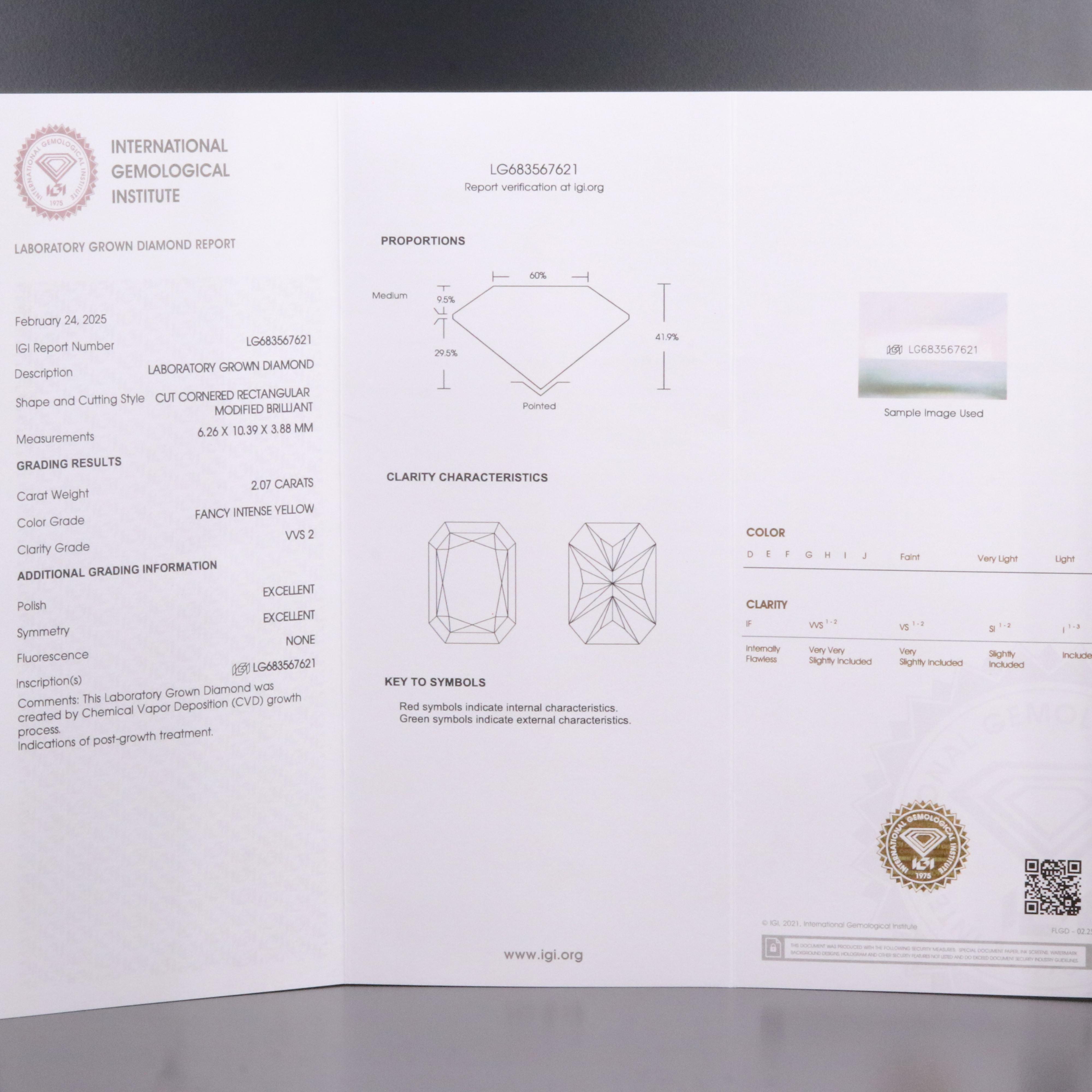 Loose 2.07 CT Lab Grown Fancy Yellow Diamond with IGI Report