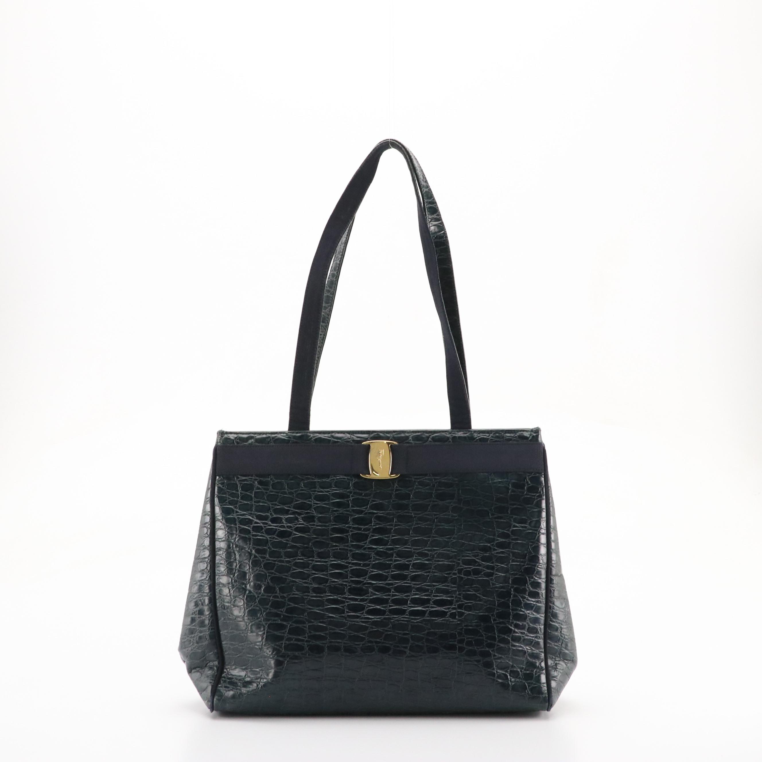 Salvatore Ferragamo Blue Croc-Embossed Leather Vara Shoulder Bag