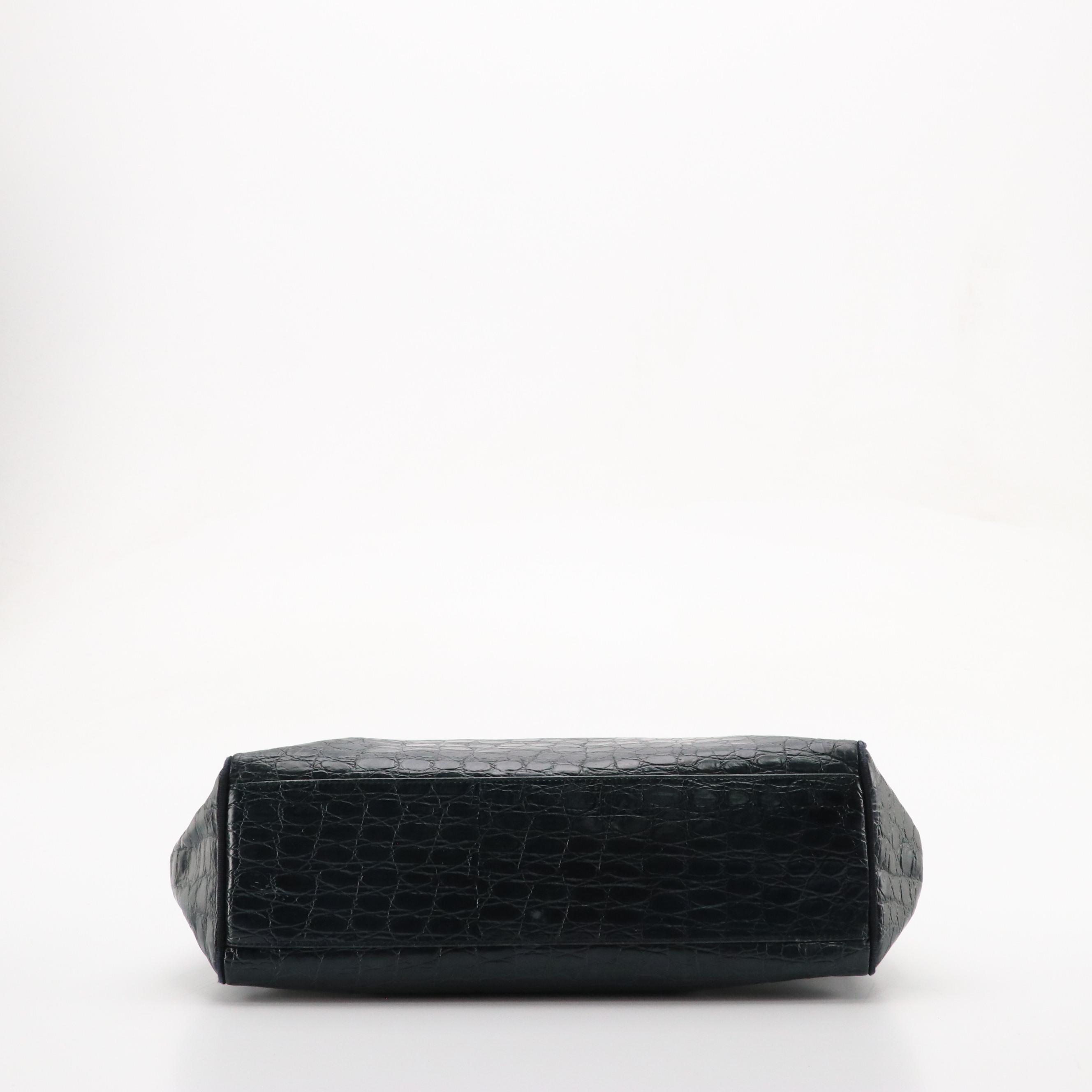 Salvatore Ferragamo Blue Croc-Embossed Leather Vara Shoulder Bag