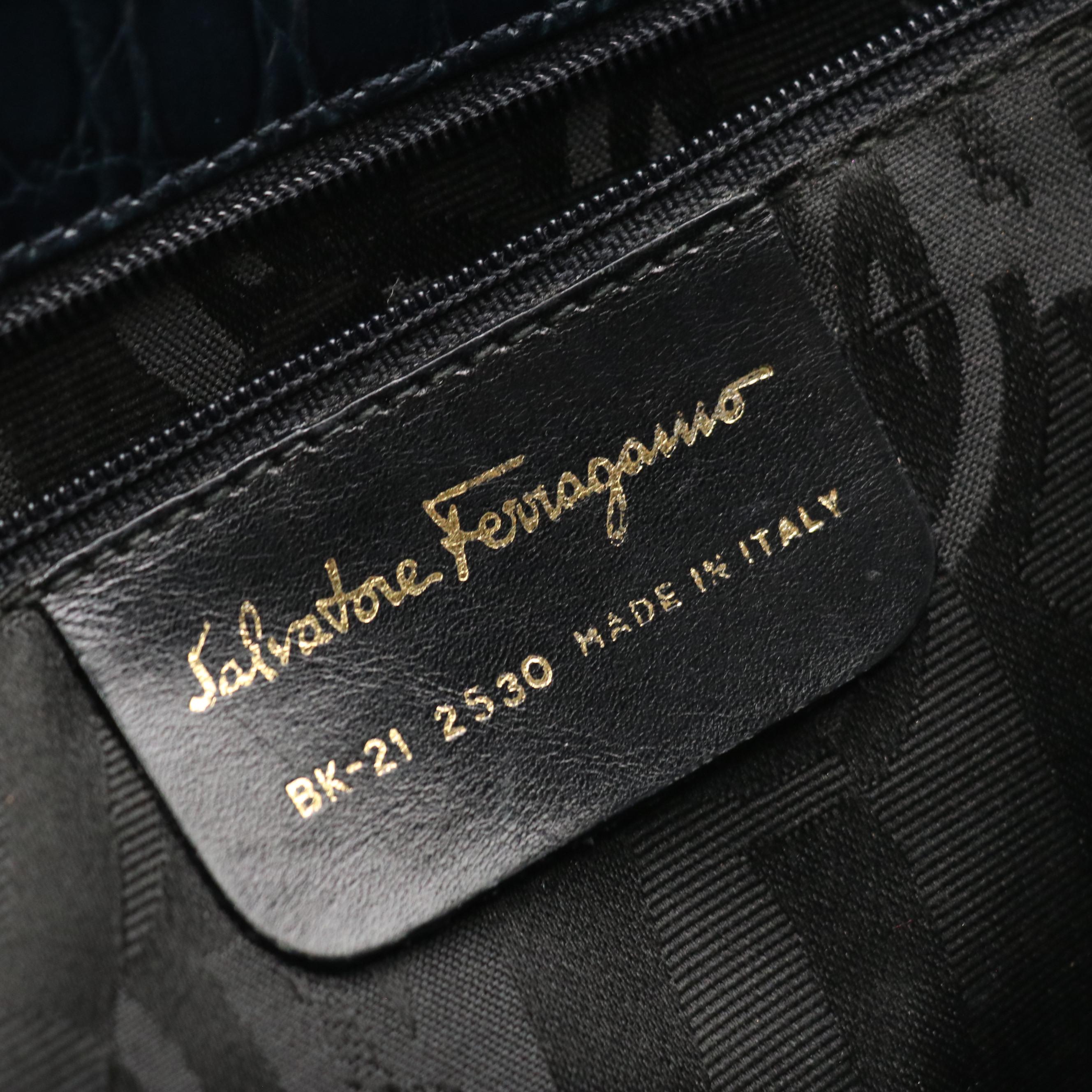 Salvatore Ferragamo Blue Croc-Embossed Leather Vara Shoulder Bag