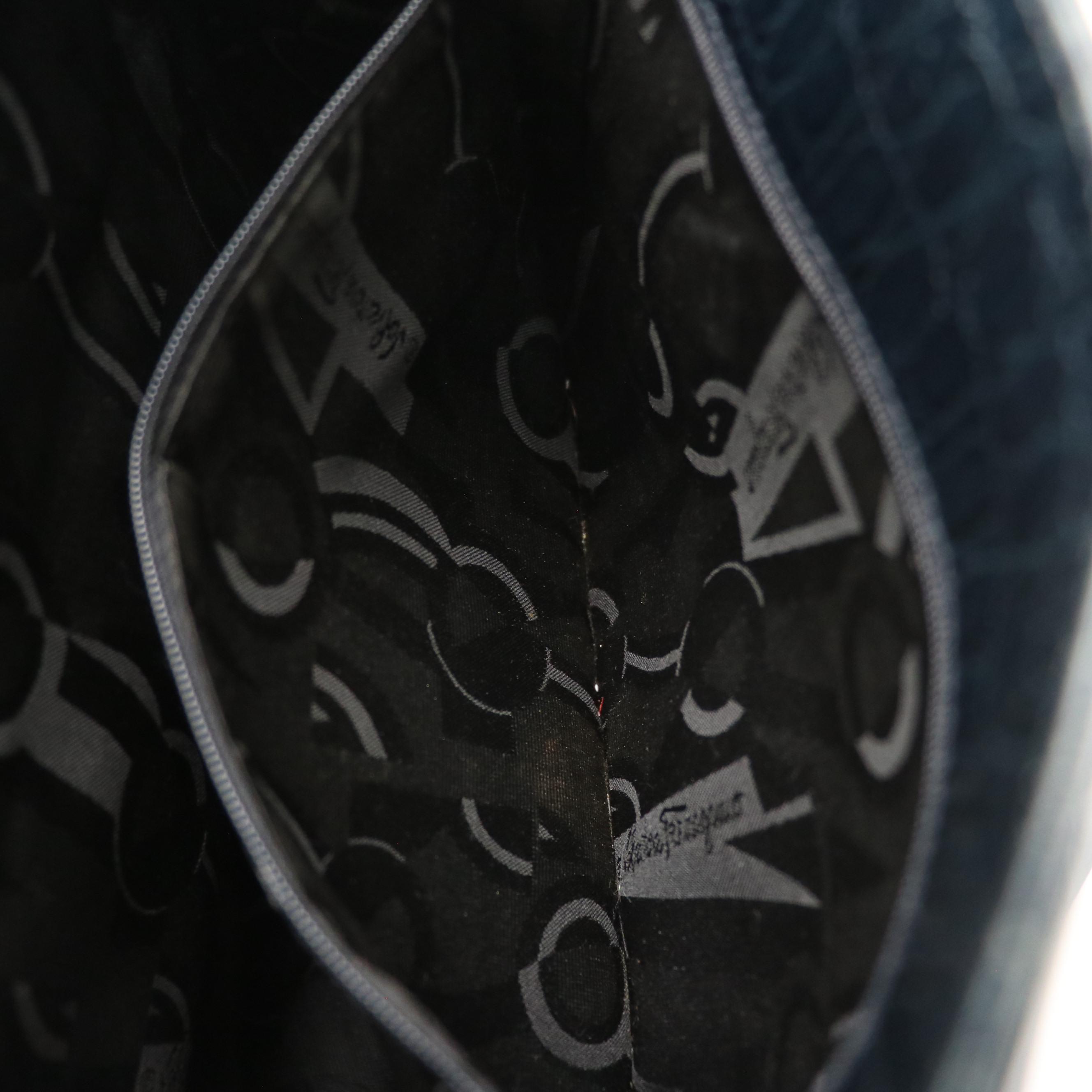 Salvatore Ferragamo Blue Croc-Embossed Leather Vara Shoulder Bag