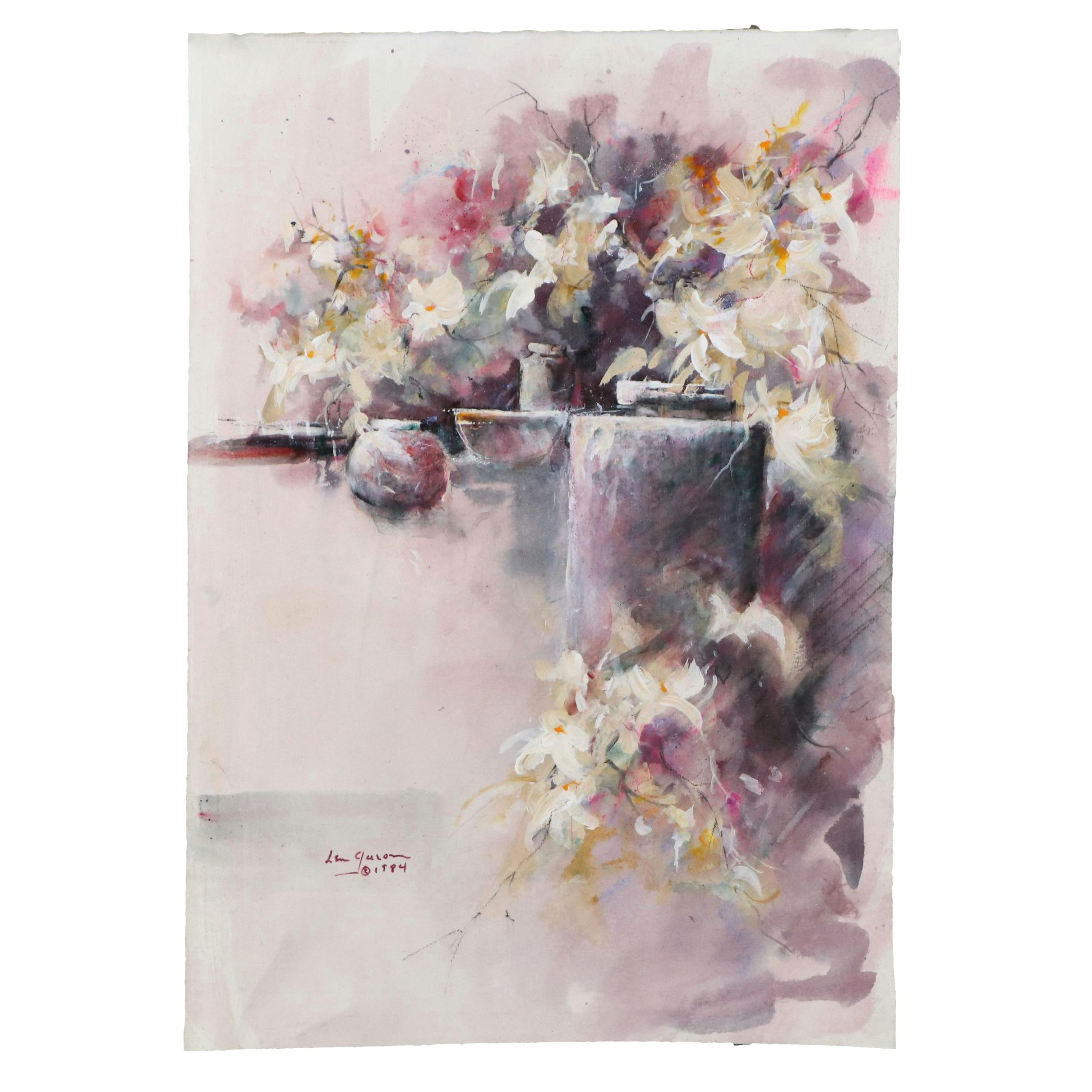 Len Garon Impressionist Style Gouache Painting with Flowers and Pottery, 1984
