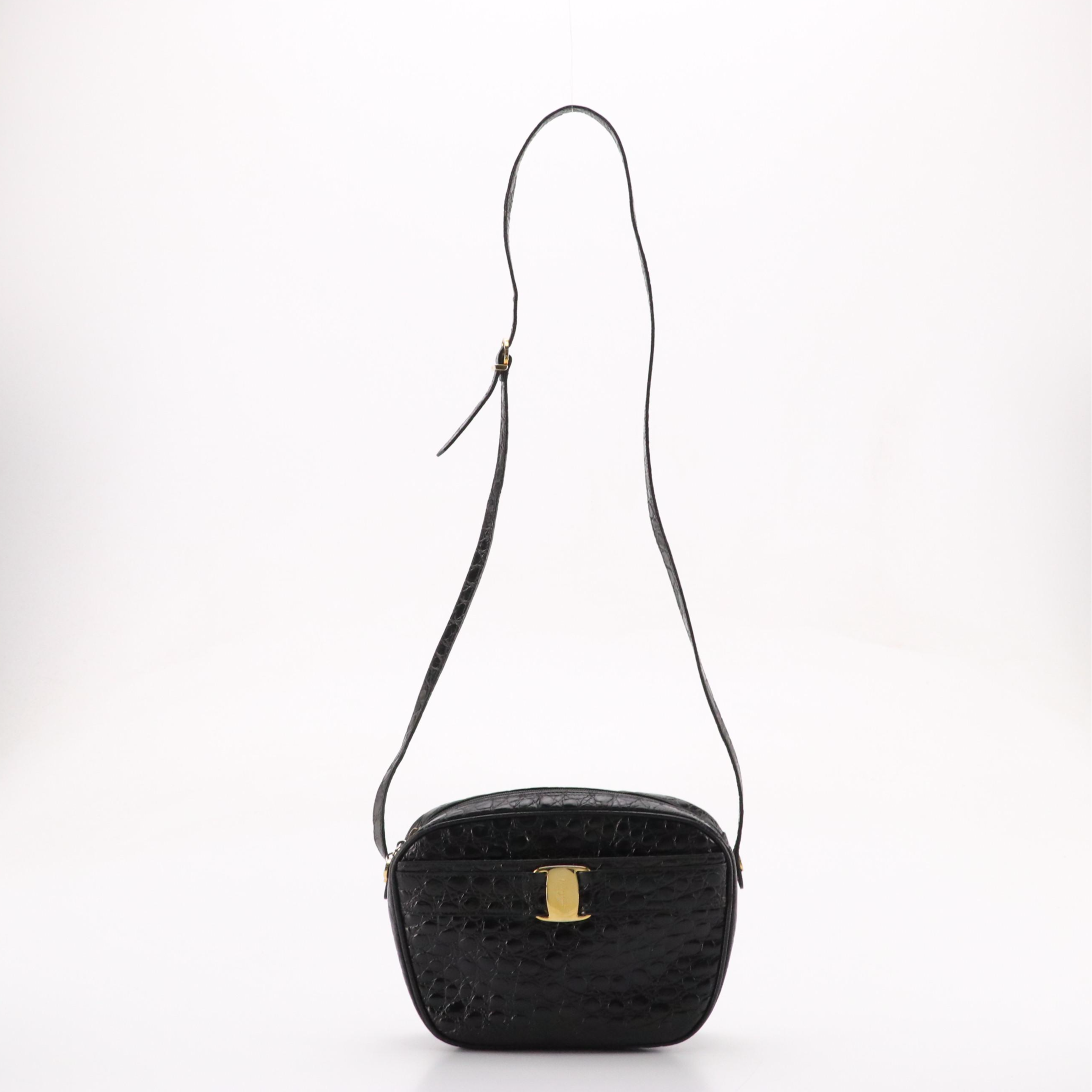 Salvatore Ferragamo Black Croc-Embossed Leather Vara Crossbody Bag